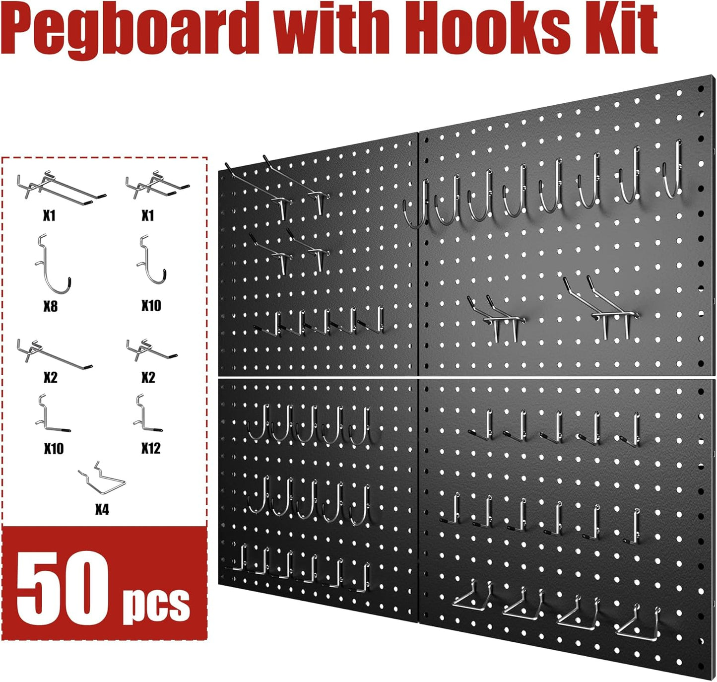 4 Pack Metal Pegboard Panels with 50 Hooks, Black Pegboard Wall Organizer, Pegboard Accessories, Heavy Duty Garage Tool Storage System for Workbench, Workshop, Office, Craft Room
