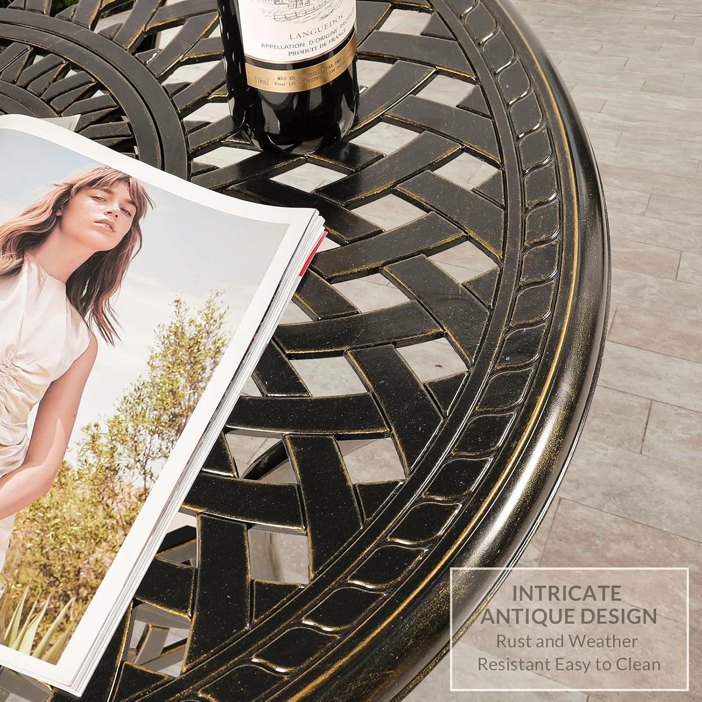VIVIJASON 3-Piece Outdoor Patio Bistro Set, All-Weather Cast Aluminum Furniture Dining Sets Include 2 Cushioned Chairs and 31" Round Table w/Umbrella Hole for Balcony, Garden, Backyard, Red Cushion