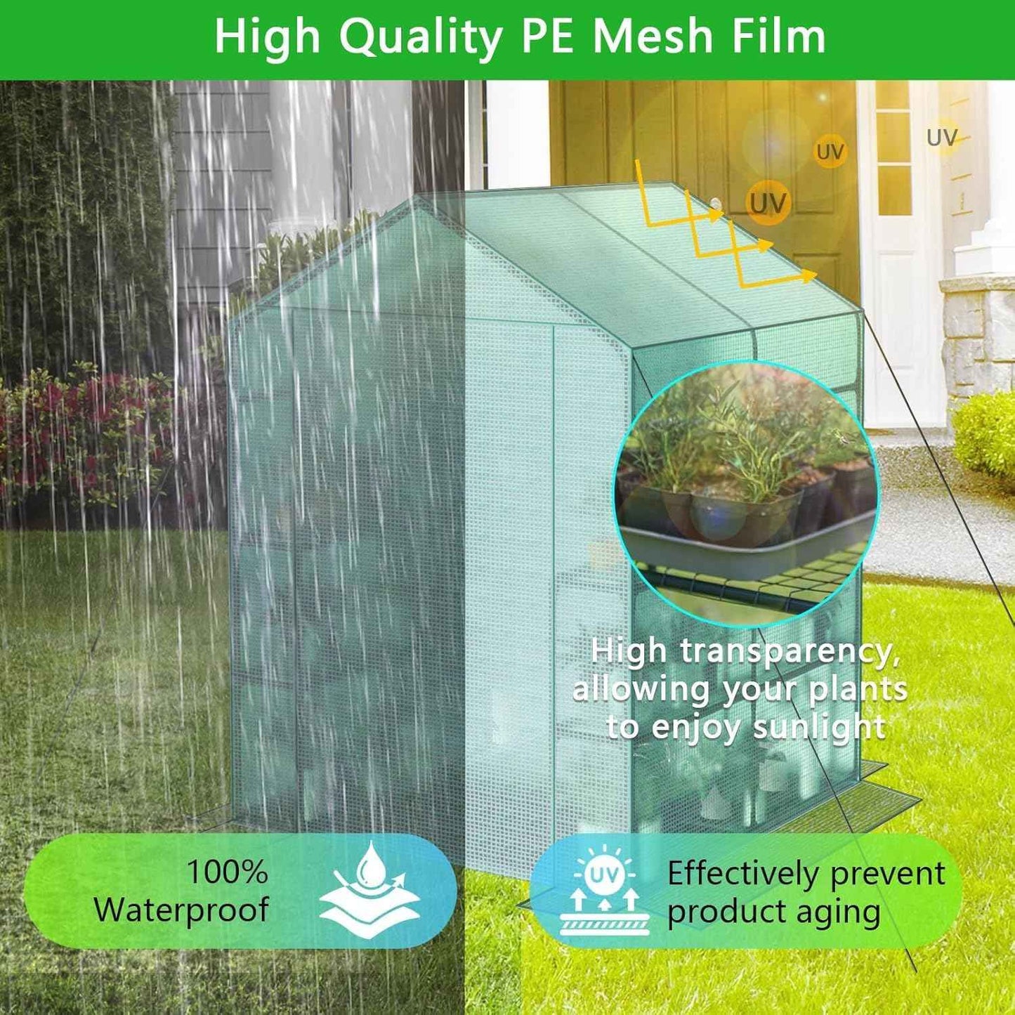 Greenhouse, 57 x 57 x 76'' Greenhouses Plant Tent for Outdoors, Durable Grow Kit with Window, Thicken PE Cover, 3 Tiers 8 Shelves, Heavy Duty Walk in Green Houses for Indoor Backyard Outside