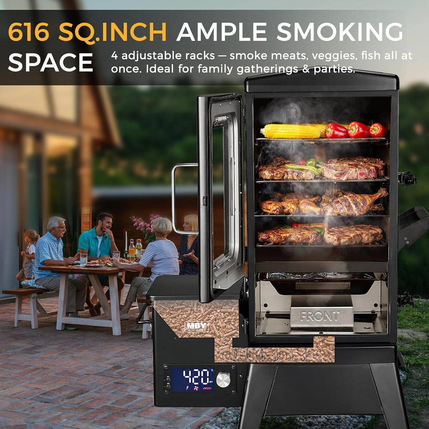 Pellet Smoker with Cover, Electric Wood Pellet Smoker Grill With Meat Probe and Hook, 616 Sq in Cooking Area LED Display Temperature Control, Outdoor Cooking, Patio, Garden Barbecue, Obsidian Black
