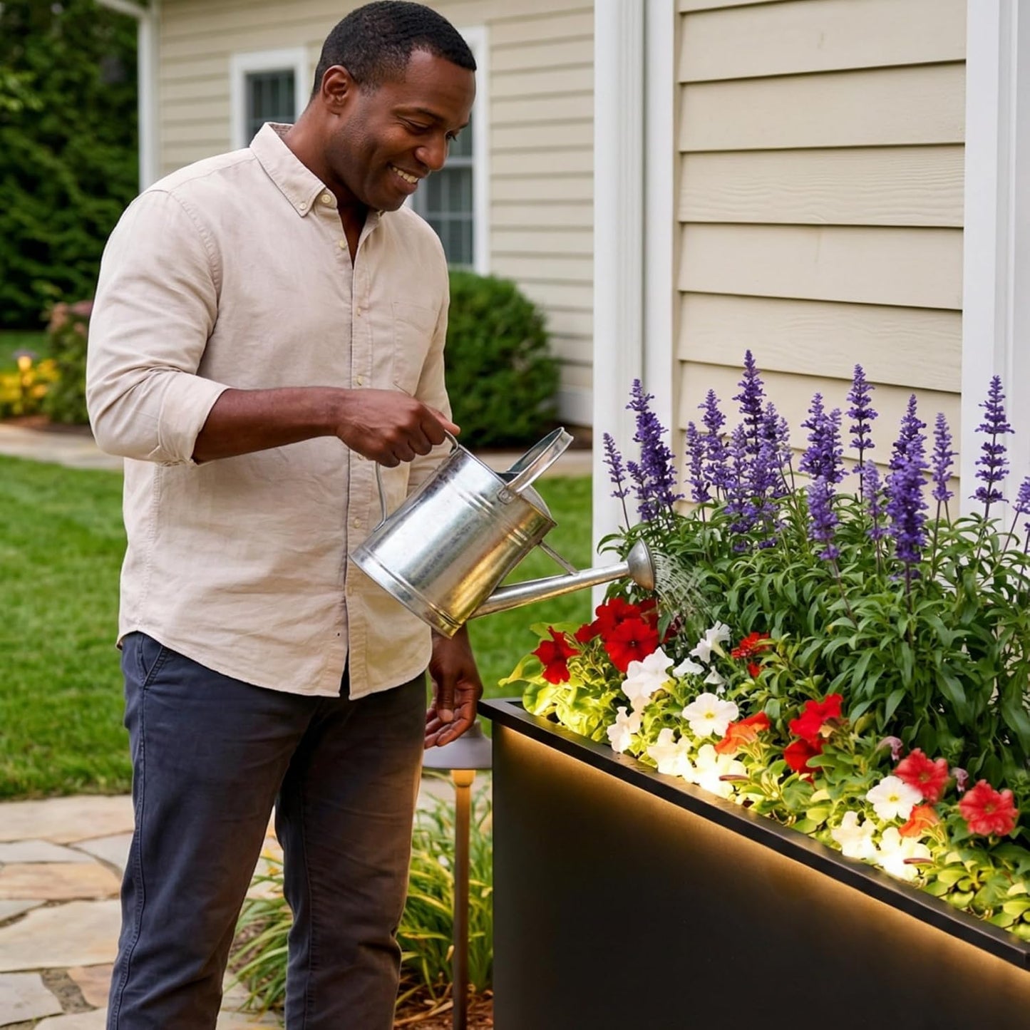 Metallic Heavy Planter with Two LED Light Strips, 38"L x 10"W x 30"H – Black