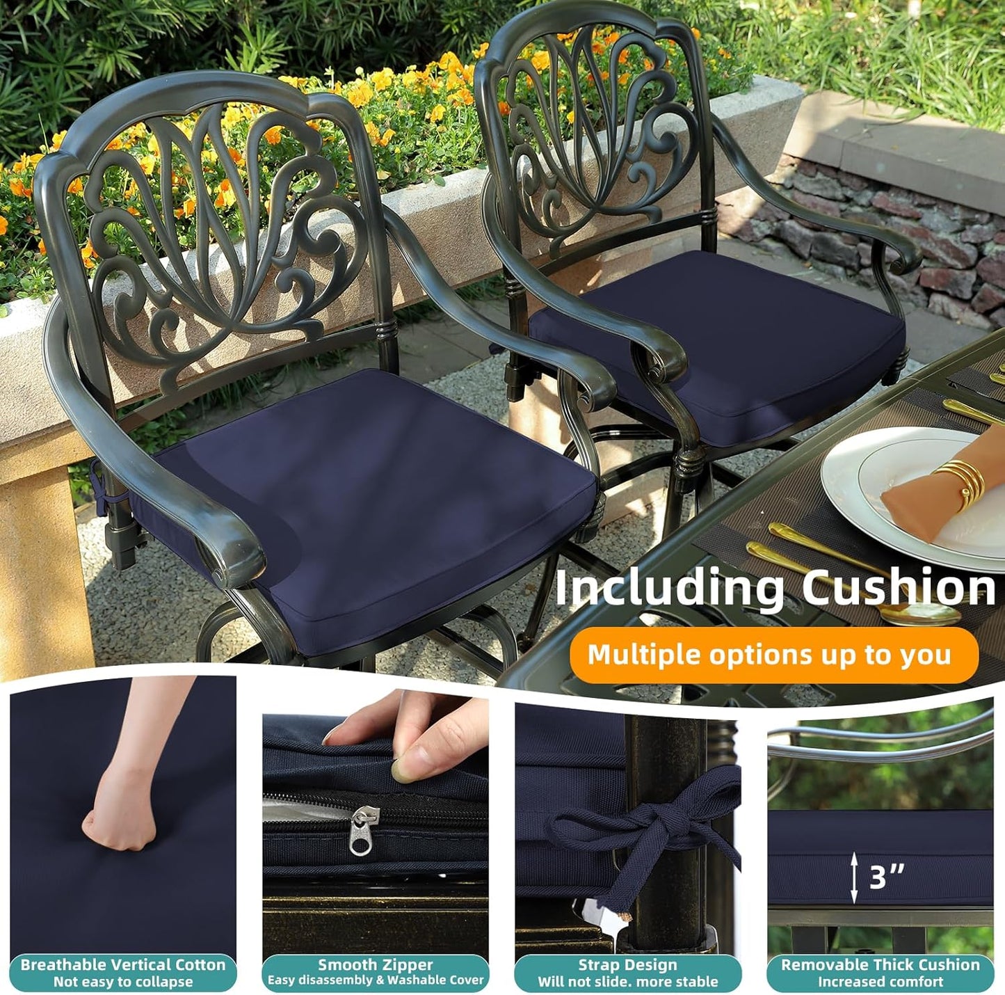 MEETWARM 5-Piece Patio Swivel Bar Set, All-Weather Cast Aluminum Outdoor High Bar Stool Bistro Set for Backyard Garden with 4 Cushions Bar Chairs with Footrest and 35.4" Bar Table, 2.2" Umbrella Hole