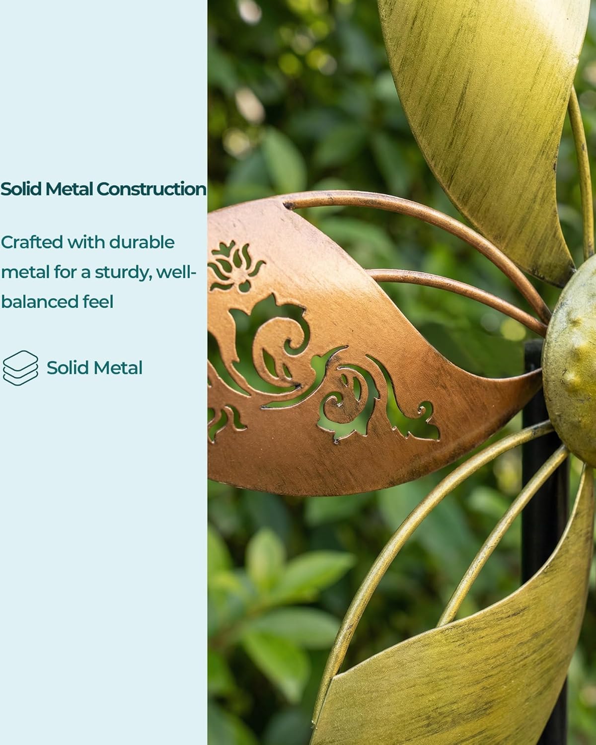 37" Metal Wind Spinner for Yard & Garden, 10" Kinetic Outdoor Garden Spinner, Rust-Resistant Decorative Yard Art (Gold Ornate Laser-Cut Floral)