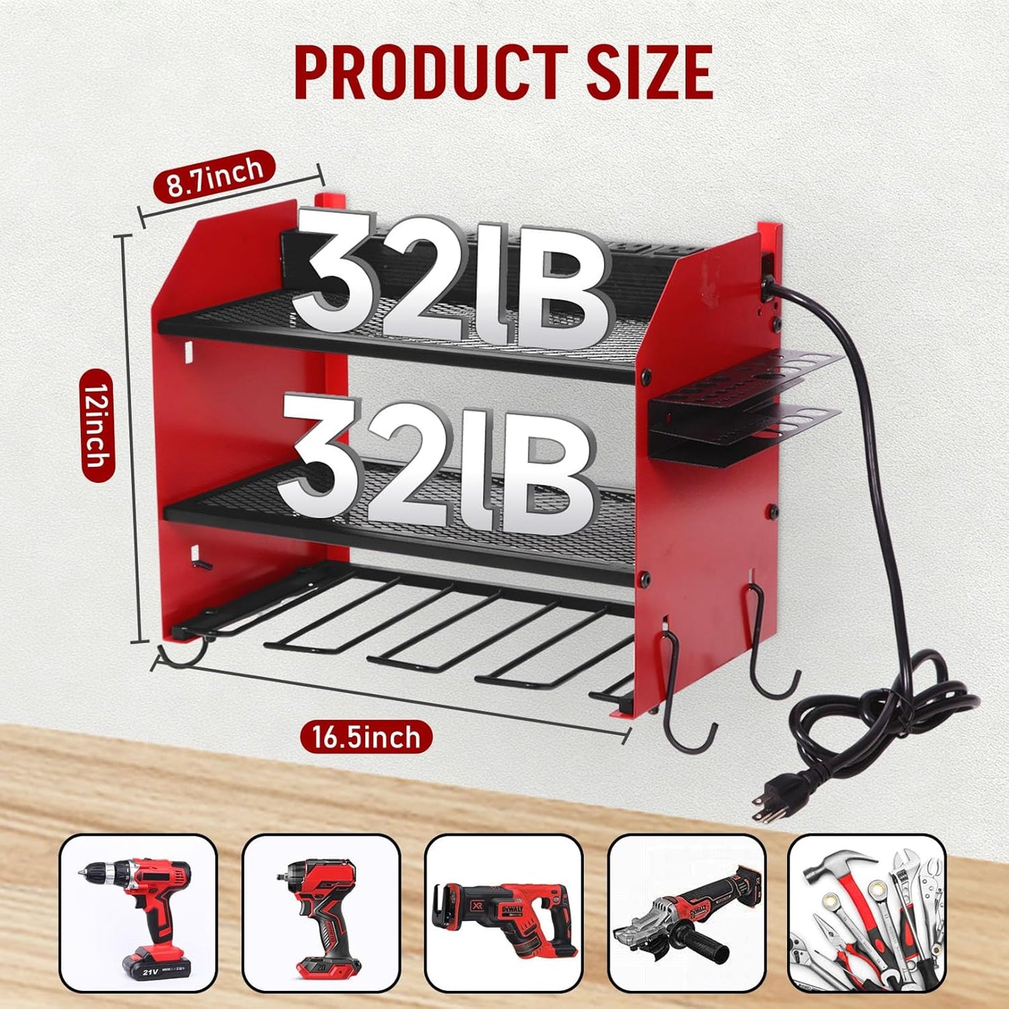 Power Tool Organizer Wall Mount with Charging Station, Heavy Duty 3 Layers Tool Storage Rack with 4 Cordless Drill Holder, Battery Holder with 8 Power Strip, Ideal for Garage, Warehouse, Workshop