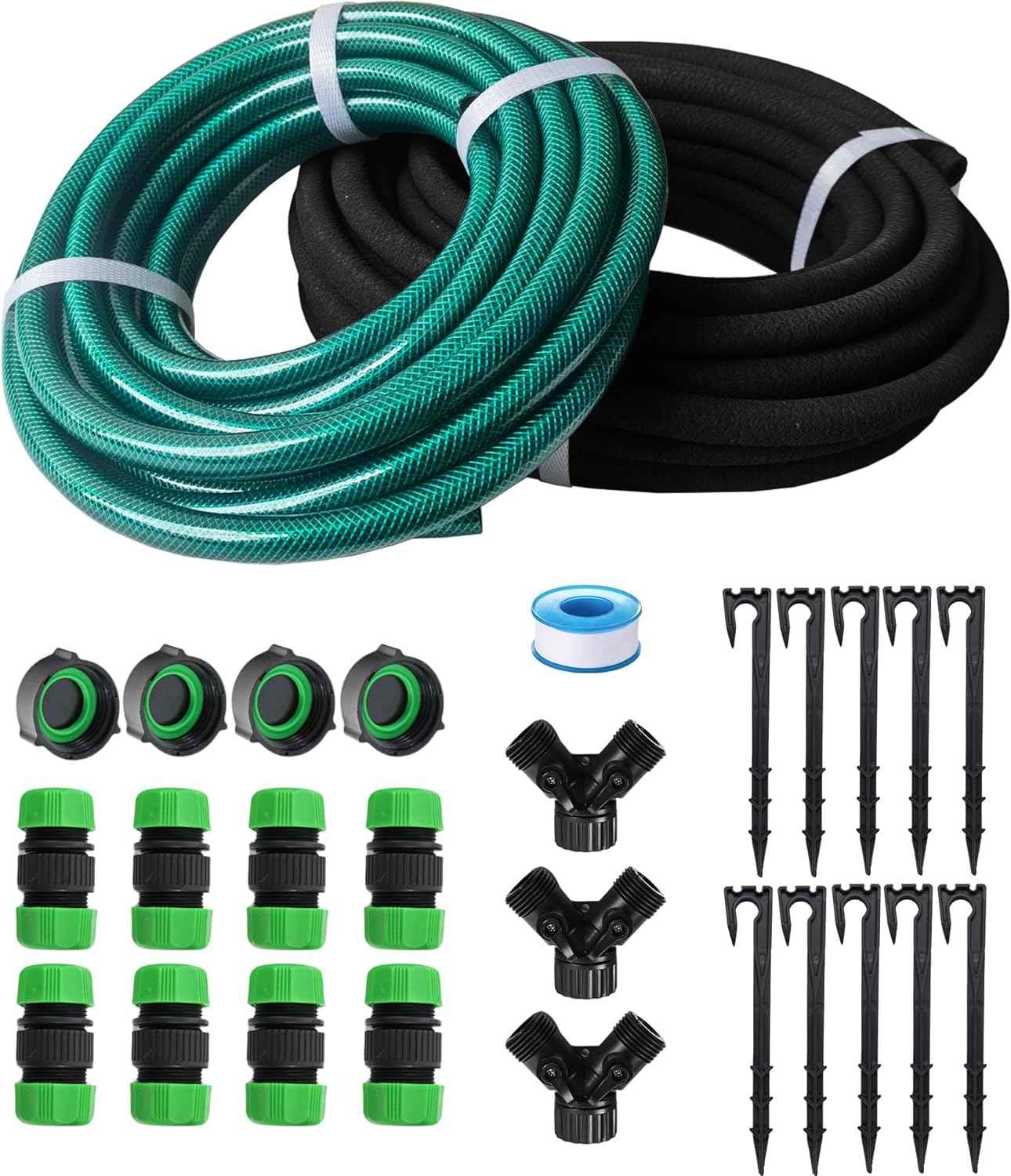 Customizable Soaker Hose System - 1/2 inch x 75ft Soaker Hose with 50ft Garden Hose, Irrigation Weeping Hose with Reinforced Fittings for Raised Garden Flower Bed, Vegetables and Shrub Plants.