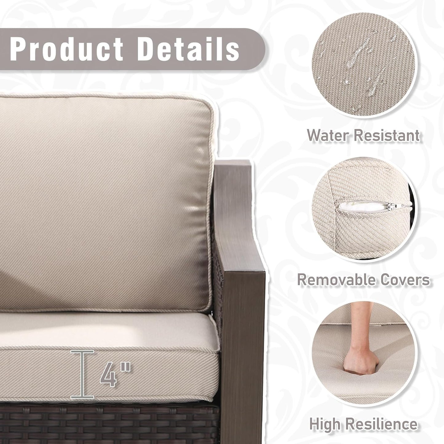 7 PCS Wicker Patio Conversation Set, All-Weather Use Outdoor 2 PE Rattan Swivel Chair, 2 PE Rattan Chair, 2 Ottoman, 1 Patio Sofa, Removable Water-Resistant Cushion, Beige