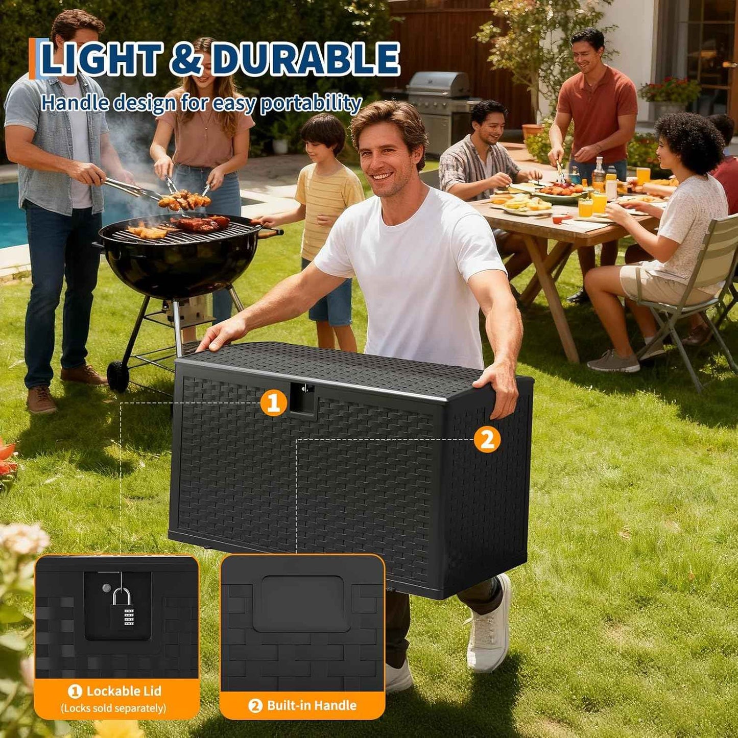 120 Gallon Outdoor Deck Box, Lockable Waterproof Outdoor Resin Box with Lid, Patio Storage Bin for Patio Furniture, Garden Tools, Pool Accessories - Black