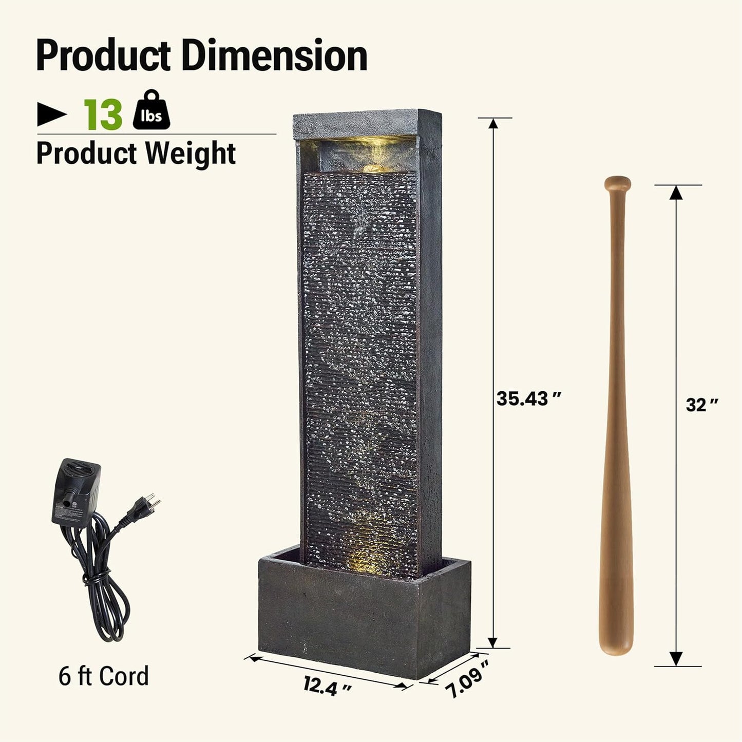 35-Inch Outdoor Water Fountain, Modern Curved Faux Slate Resin Indoor Waterfall Fountain with 2 Warm LED Lights, Home Art Decor for Garden, Patio, Yard, Deck, Porch, Balcony in Black