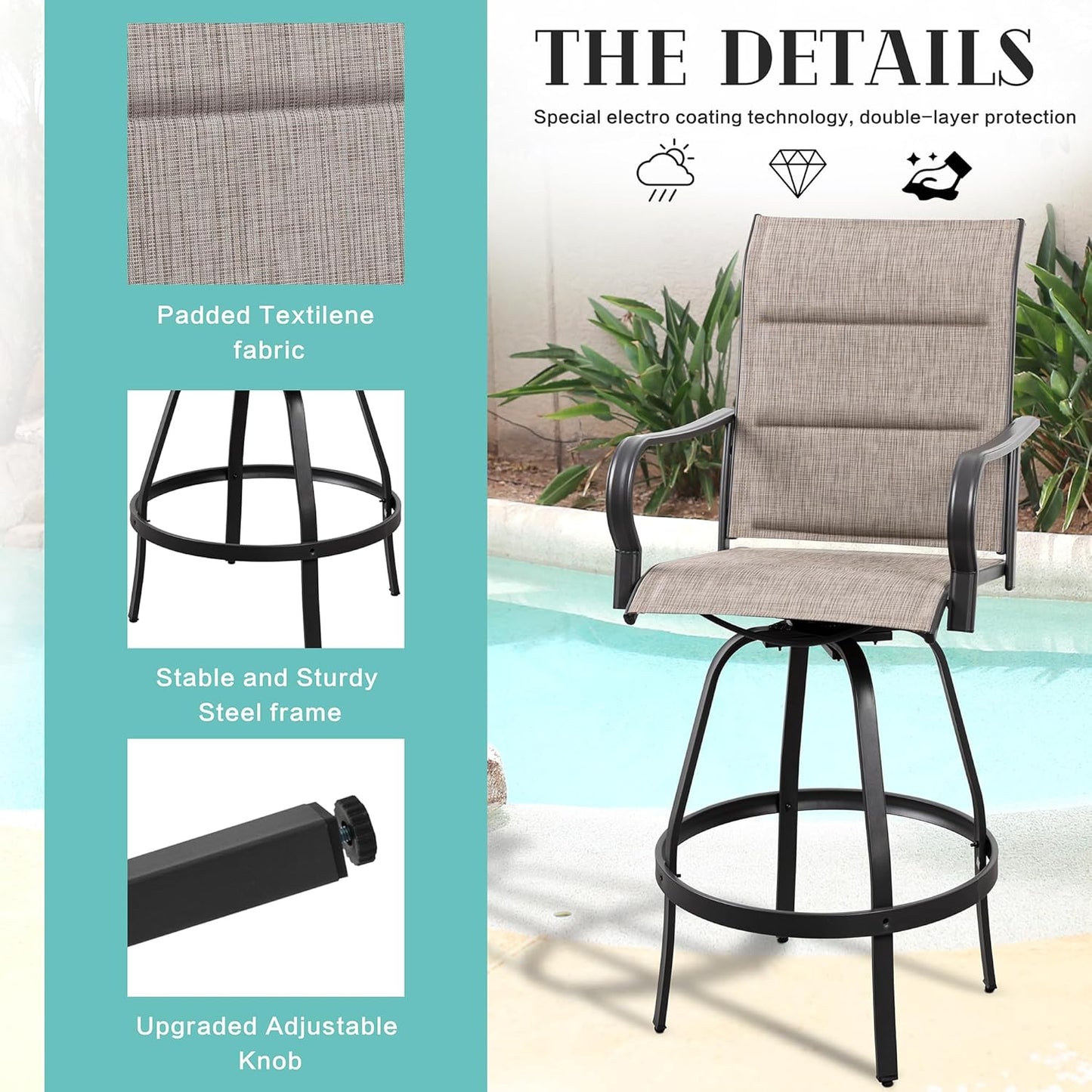Vongrasig 6 Piece Outdoor Patio Swivel Bar Chairs, All Weather Padded Sling Textile High Top Bar Stools, Bistro Set for Backyard, Lawn Garden, Balcony, Gray