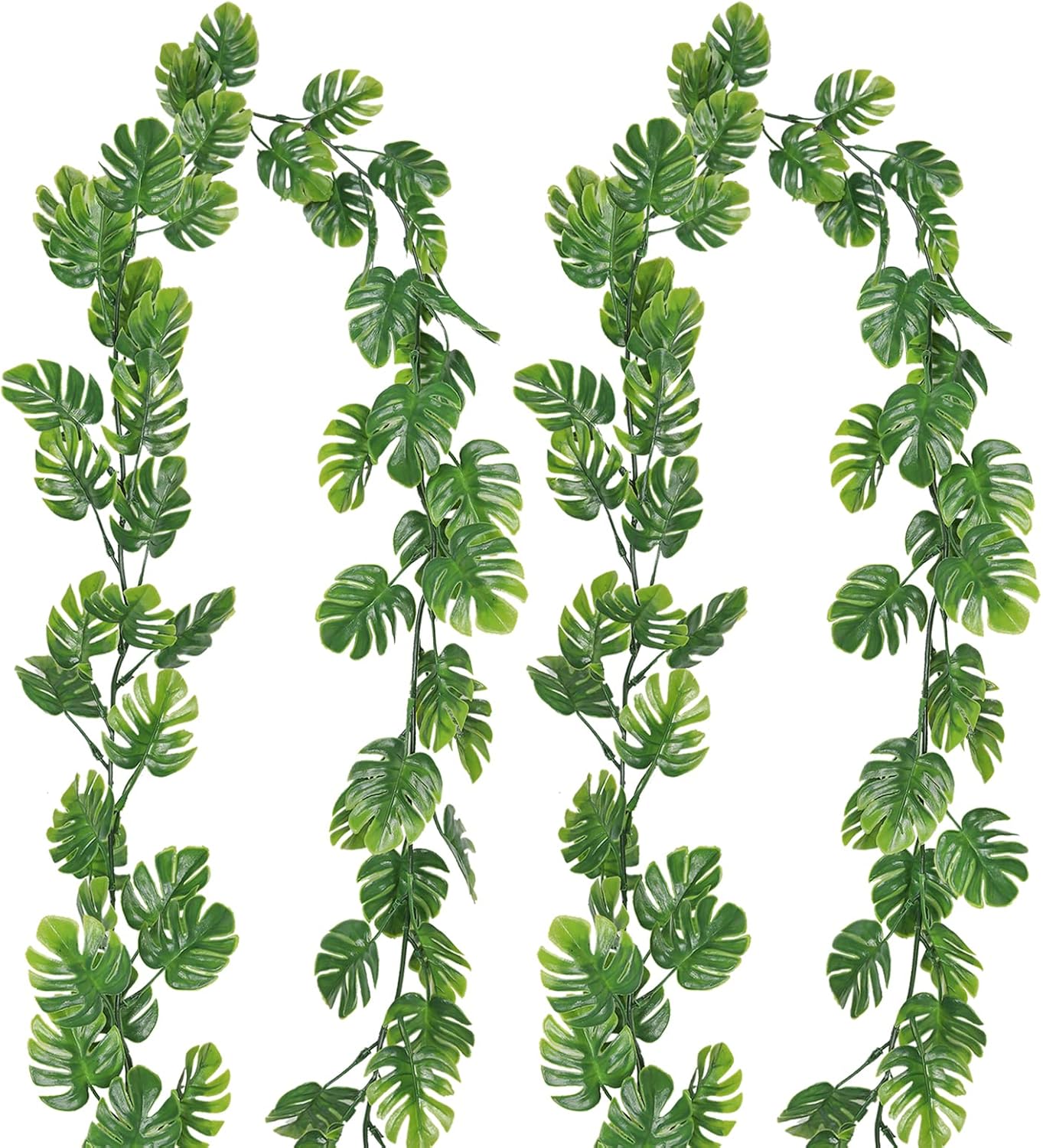 RECUTMS 2Pcs Artificial Monstera Leaf Vines 5.9FT Fake Hanging Plants Ivy Faux Tropical Palm Leaves Greenery Garland for Garden Porch Patio Jungle Luau Beach Birthday Party Indoor Outdoor Spring Décor