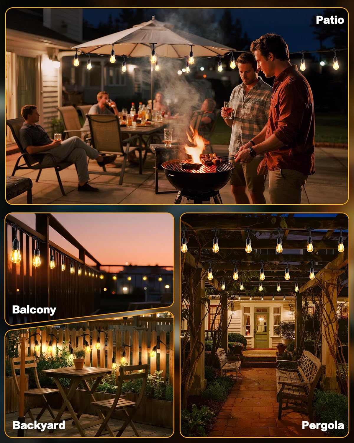 Outdoor String Lights, Super Bright LED - 48FT 15 S14 Bulbs (1 Spare), IP65 Waterproof, Commercial Grade & Shatterproof, Dimmable, UL Listed for Patio, Porch, Backyard, Gazebo