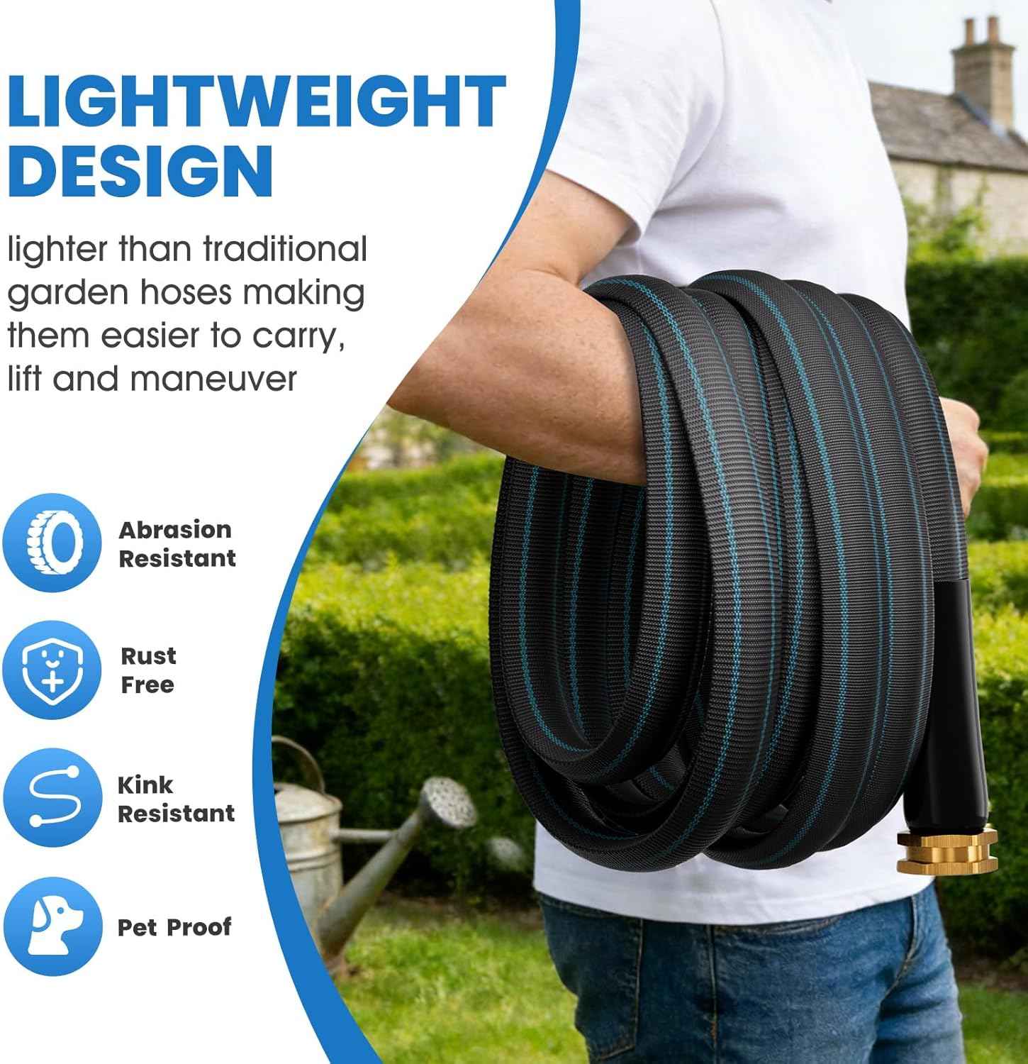 75ft Non-Expanding Garden Hose, Lightweight & Kink-Free, Flexible Heavy Duty Water Hose for Lawn, Yard, Car Washing (3/4" Solid Brass Fittings, Crush-Resistant)