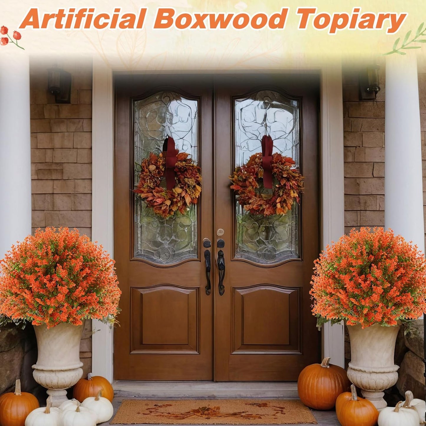 Yunlly 2 Pcs 18 Inch Fall Artificial Boxwood Ball Topiary Tree Outdoor Plants Bush, UV Resistance Faux Shrub with Spike Fall Porch Decor for Indoor Garden Yard Porch Patio Decor (Orange)