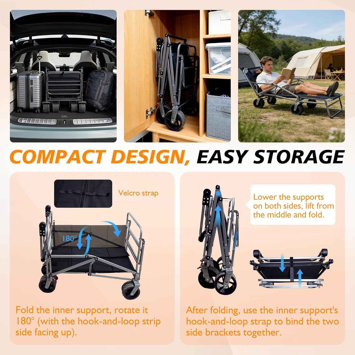 Heavy Duty Folding Wagon Cart 660 lb Capacity, 3-in-1 Collapsible Utility Wagon with Adjustable Handle and All-Terrain Wheels for Camping, Beach, Grocery, Outdoor Use