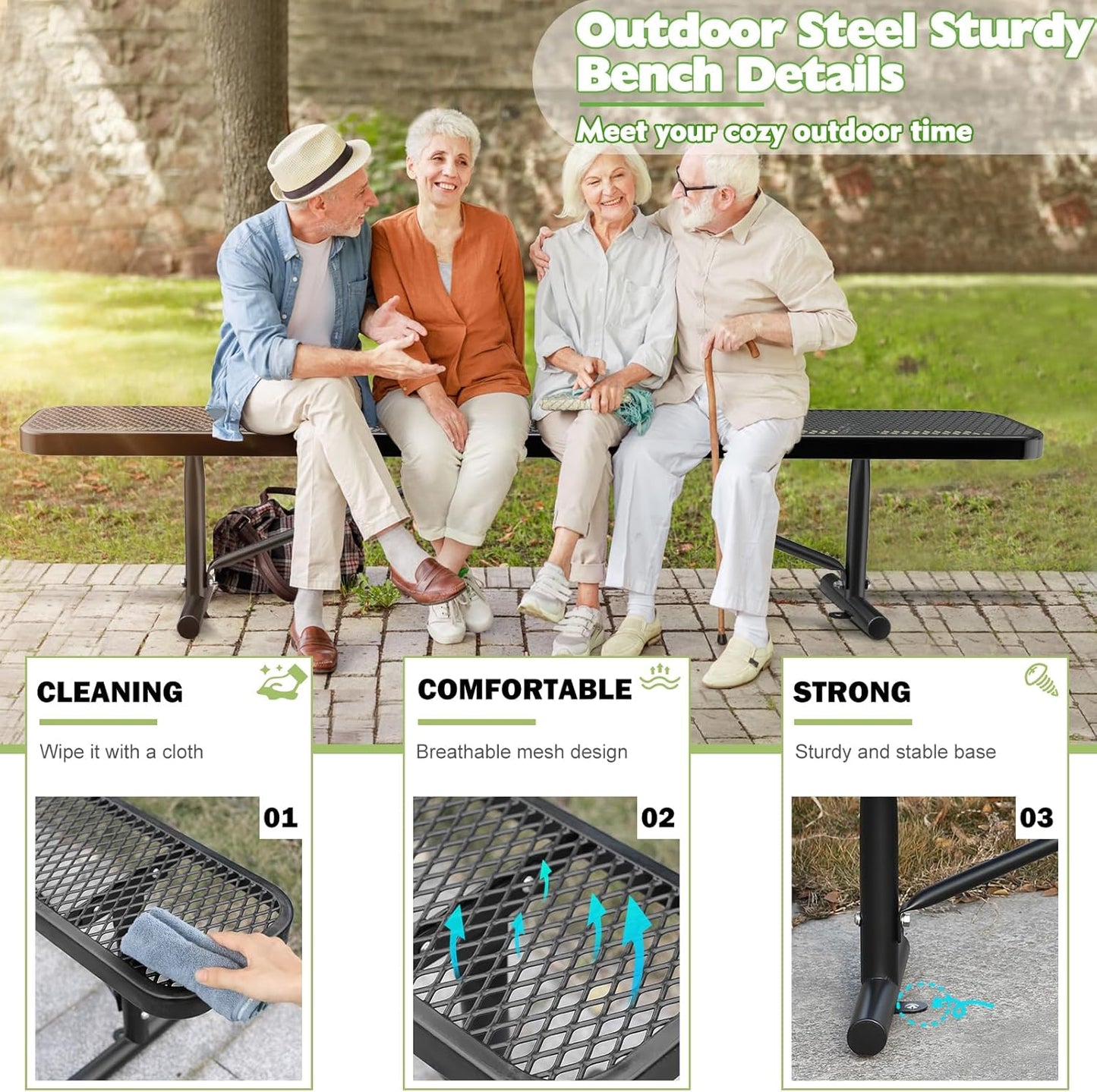 Heavy-Duty Park Bench or Table for Outside - Black Coated Outdoor Furniture Steel Bench, Commercial-Grade Outdoor Benches Weatherproof for Park, Patio, Porch (Black, 8FT (Without Backrest))