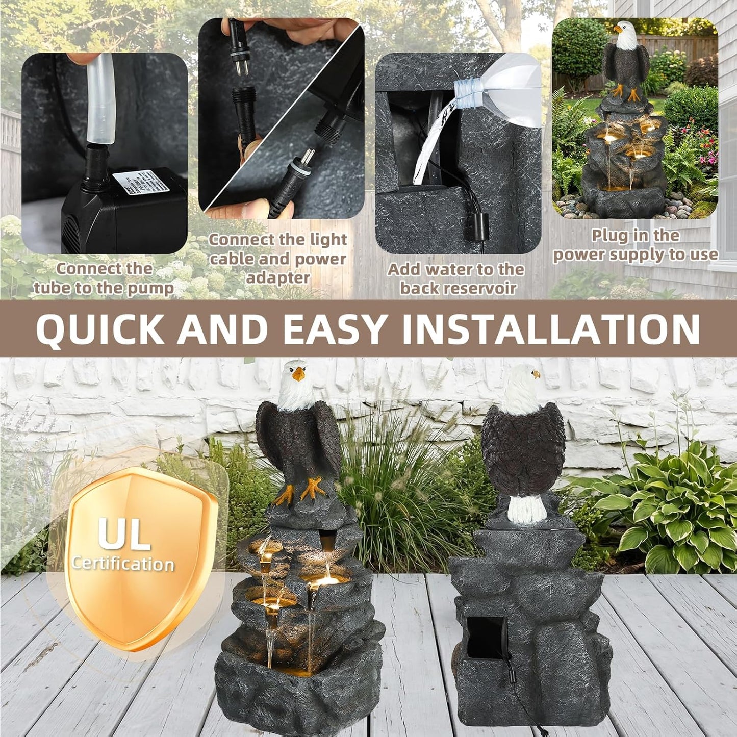 5 Tier Garden Fountain with Bald Eagle Statue, Outdoor Resin Water Feature with 4 LED Lights & Pump, Rock Cascading Waterfall Fountain for Patio Yard Porch Balcony and Home Art Decor