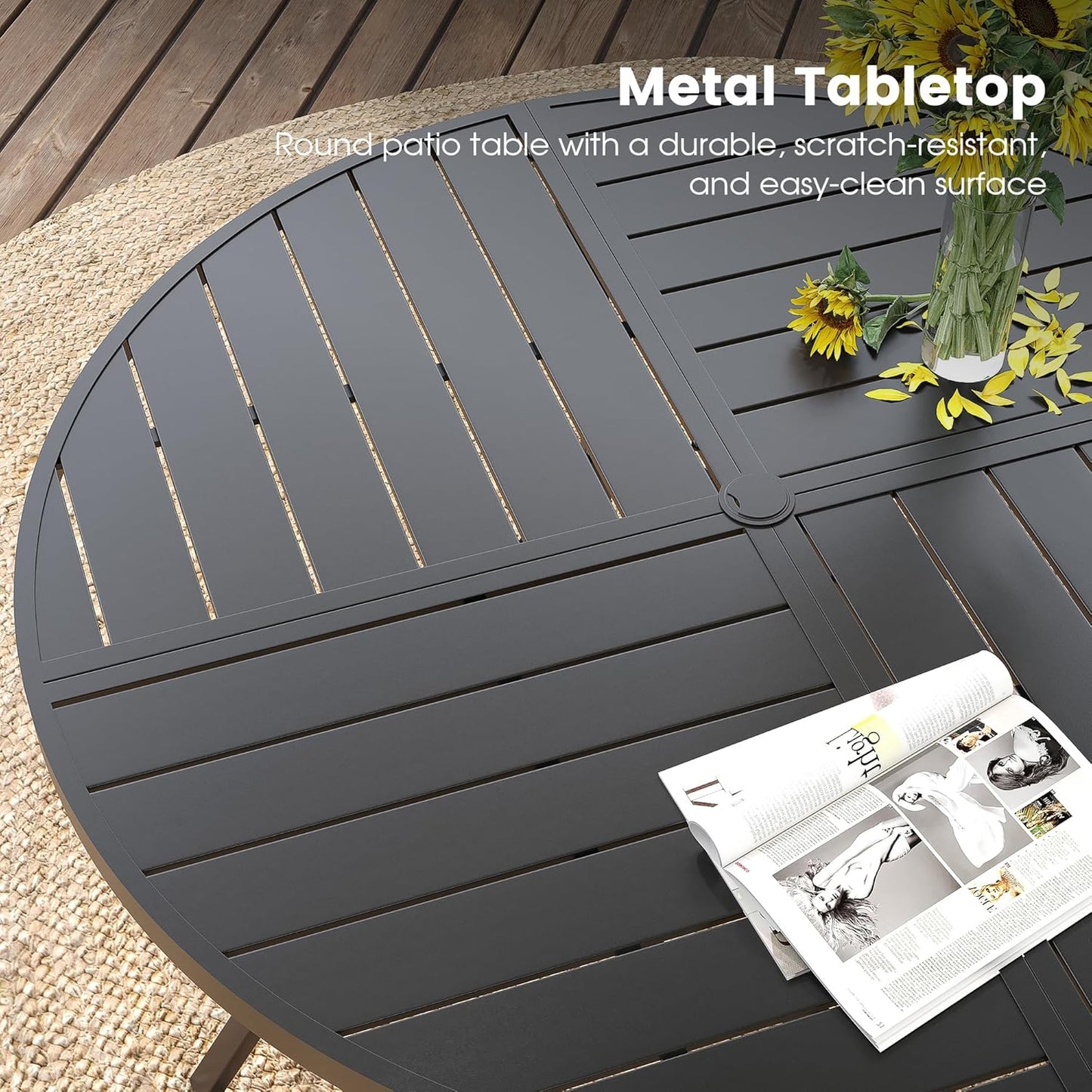 DIFY 47.2" Round Outdoor Patio Dining Table for 6, All-Weather Metal Steel Slatted Patio Table with 1.57" Adjustable Umbrella Hole, for Lawn Garden Porch Backyard, Black