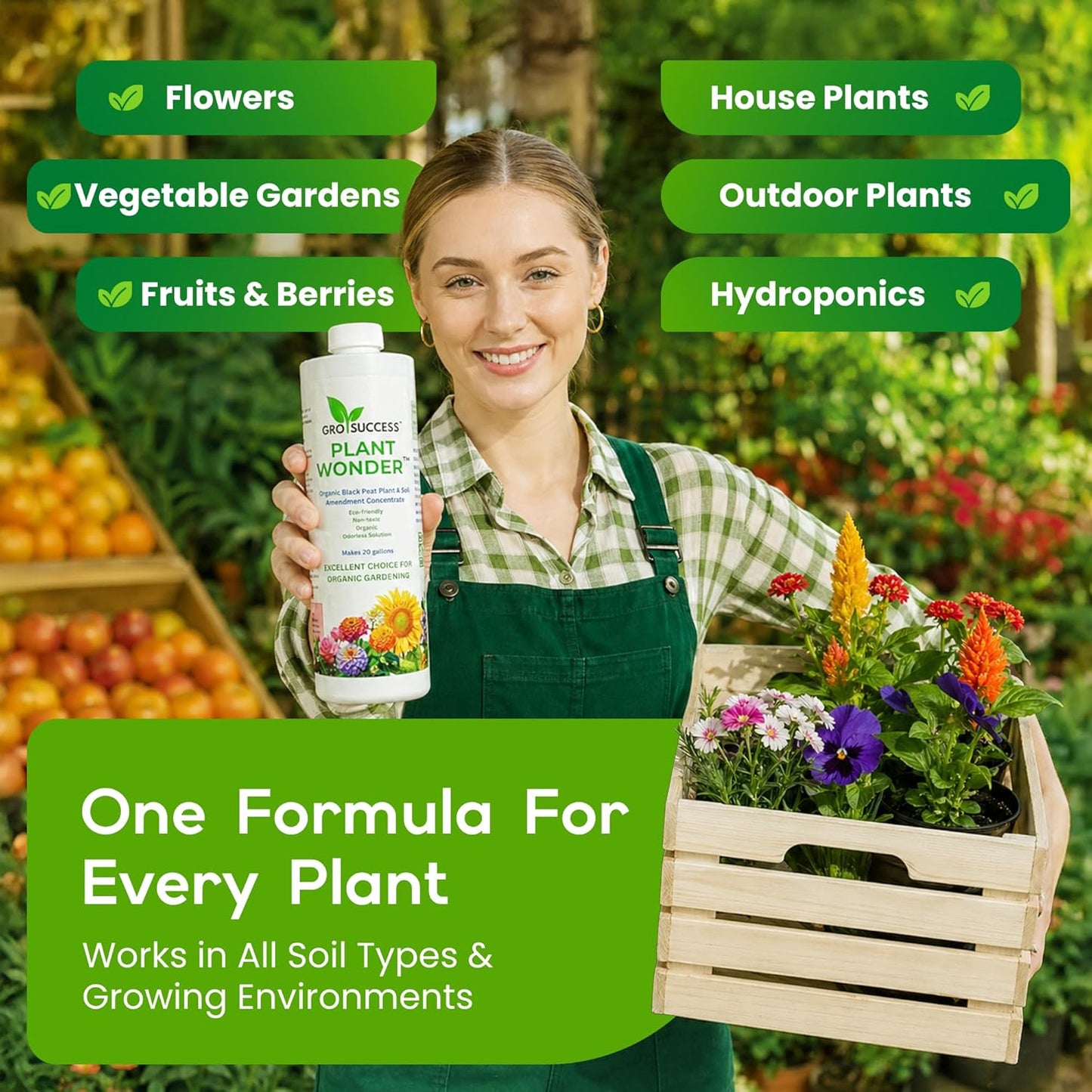 Organic Plant Fertilizer Liquid Concentrate – Plant Food for Indoor & Outdoor Plants, Vegetables & Lawn – Soil Booster with Humic & Fulvic Acid – 16 oz – GroSuccess PlantWonder