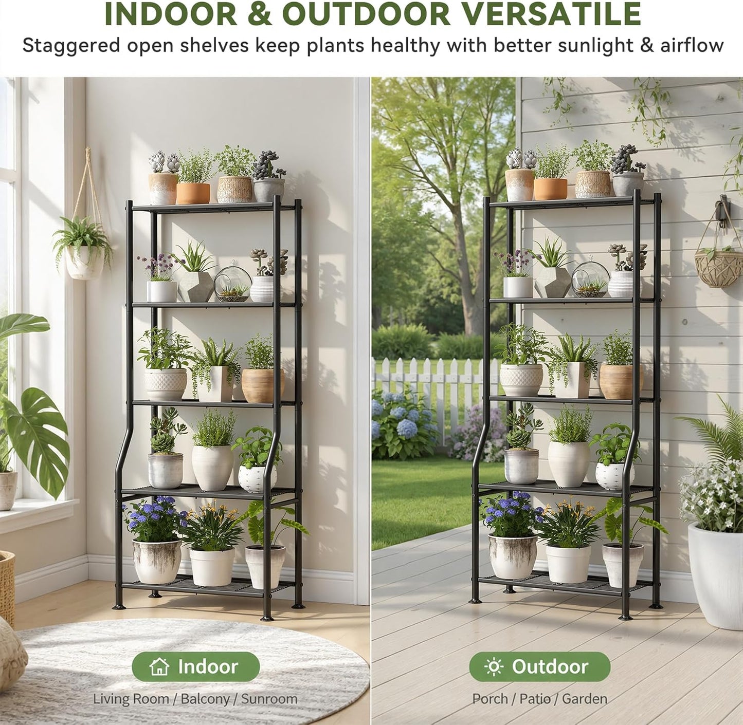 Livilord 5-Tier Plant Stand Indoor Outdoor, 64" Tall Metal Ladder Shelf for Multiple Flower Pot Holder, Waterproof Corner Garden Rack for Balcony Living Room, Black
