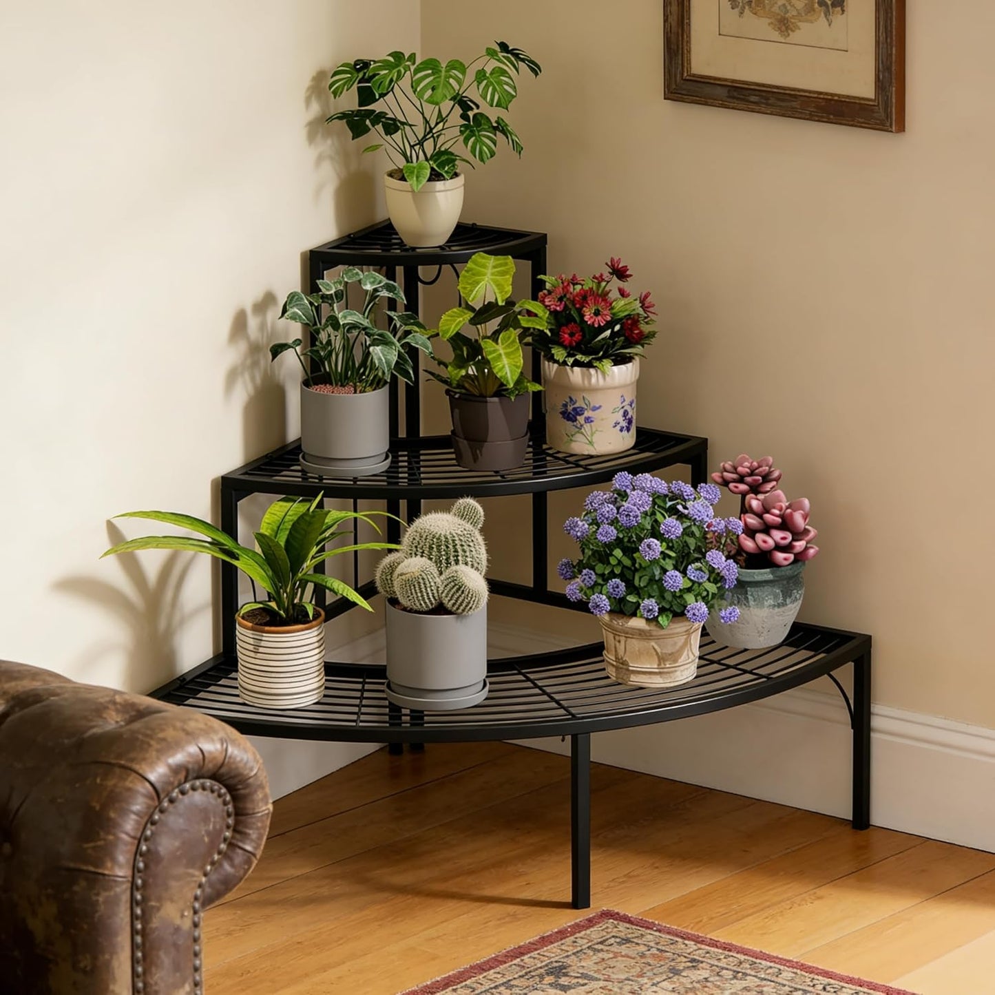 Plant Pot Stand Shelf, 3 Tier Flower Quarter Display Rack, Metal Succulent Plants Storage Holder for Outdoor and Indoor, Black