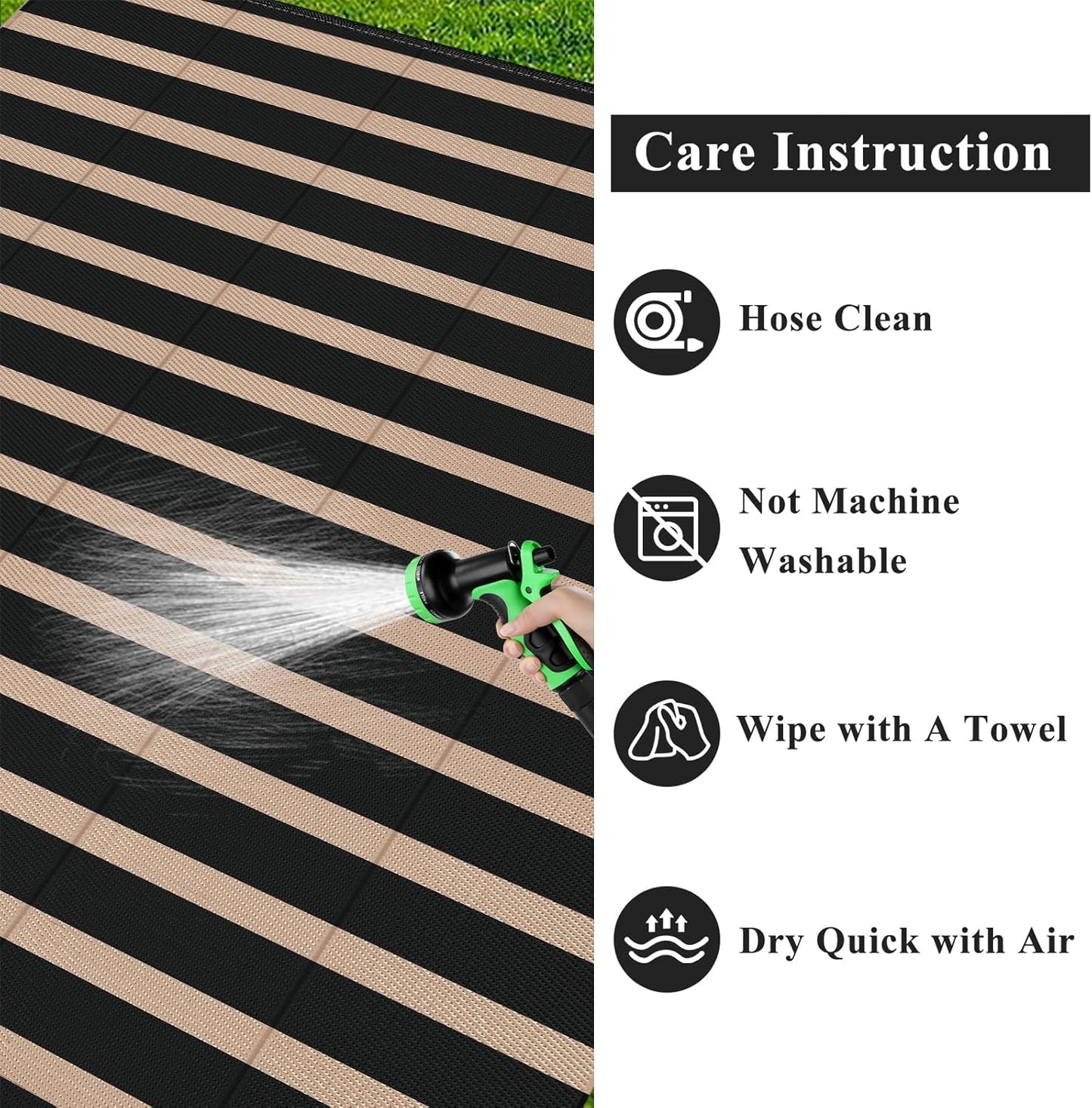 Vaukki Waterproof Outdoor Rug 8x10, Reversible Striped Patio Rug, Lightweight Plastic Straw Camping Mat, Indoor Outdoor RV Carpet for Outsides, Patio, Camping, Balcony, RV and Deck, Black and Beige