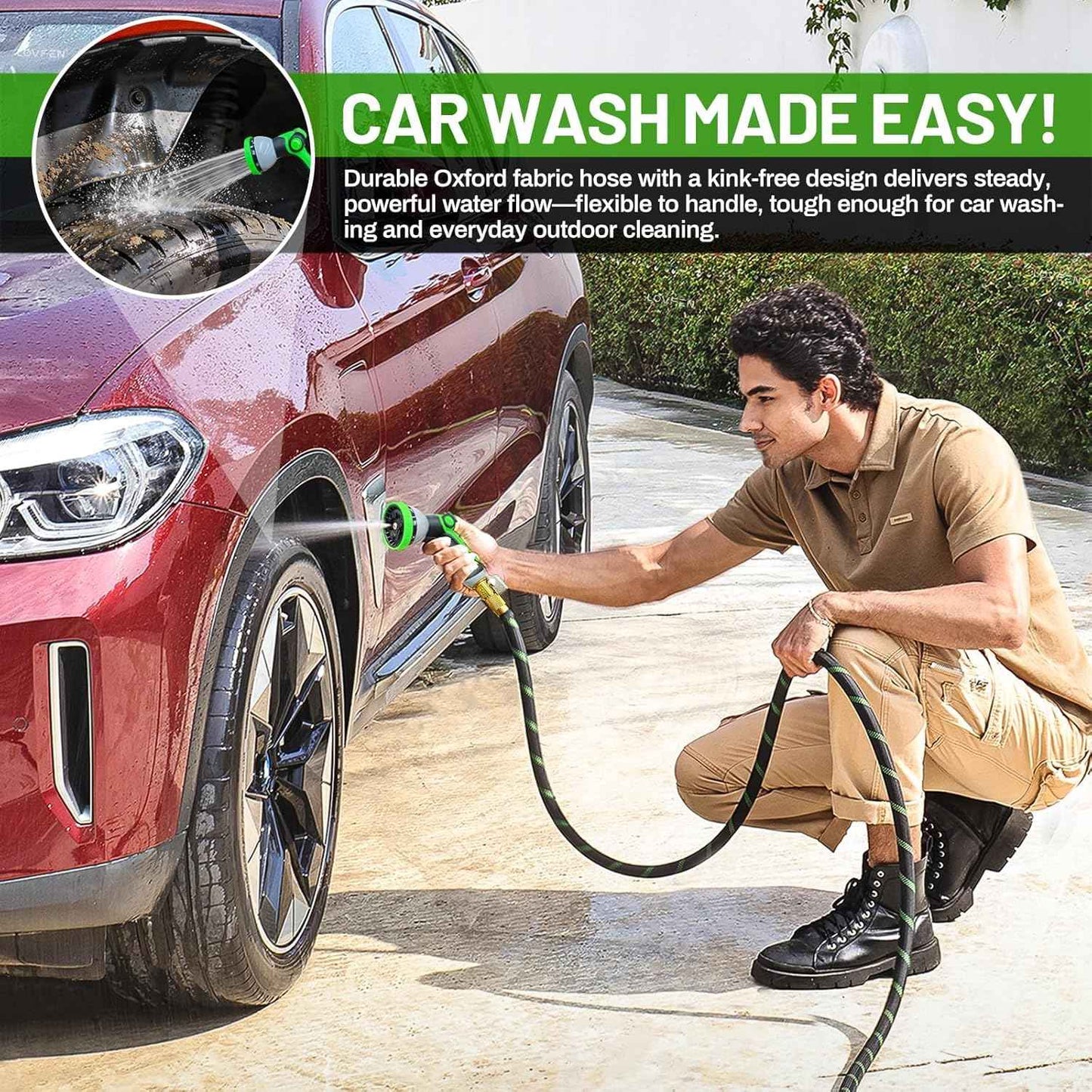 SUPCLUB 200Ft (100Ft+100Ft) Non-Expandable Garden Hose with 3750D Oxford Fabric, Kink & Leak Proof, Lightweight Outdoor Water Hose