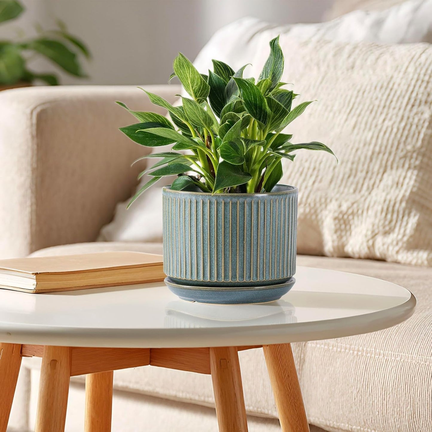SURE YUESI Ceramic Plant Pots Set of 3, Indoor Outdoor Planters with Drainage Hole and Saucer, Ceramic Flower Pots for Indoor Plants, 4.3+5.5+6.8 Inch, Home, Garden, Patio and Office, Matte Green