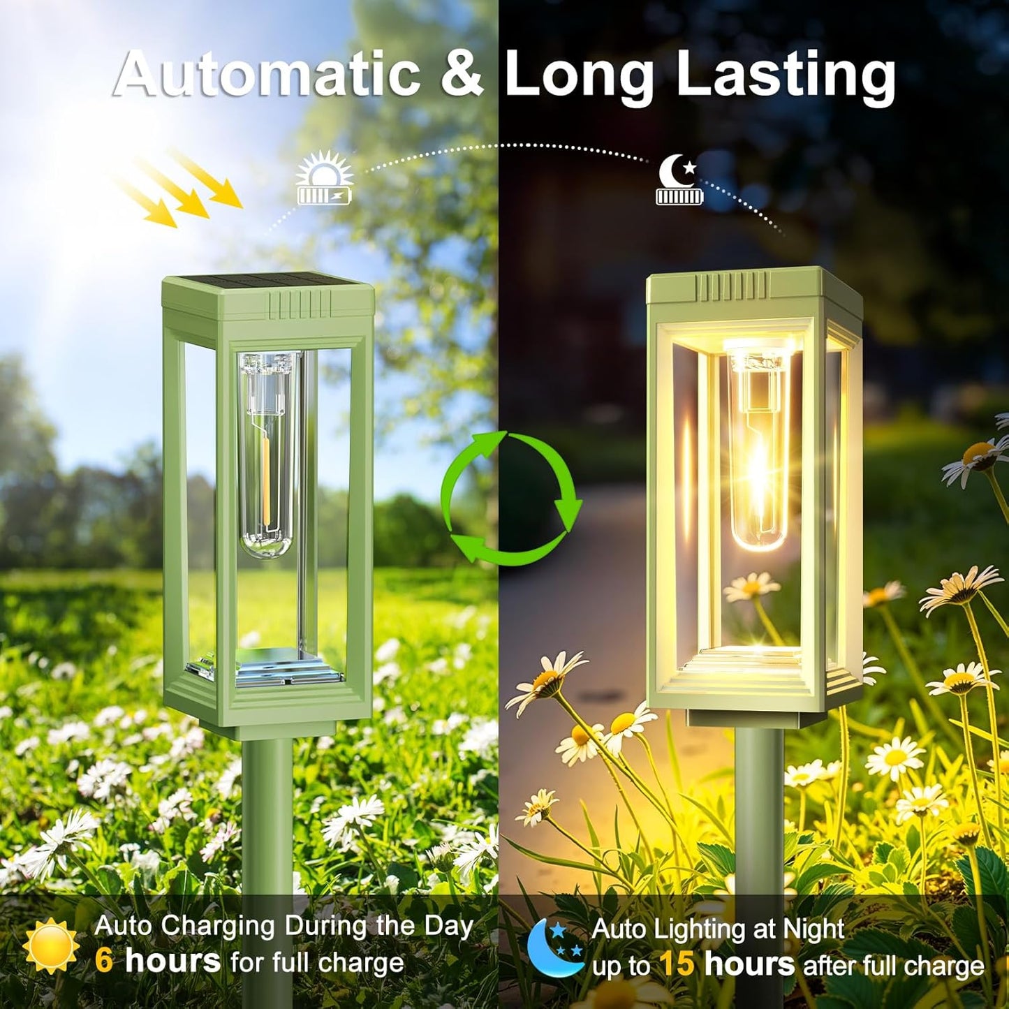 WdtPro 6 Pack Bright Solar Pathway Lights Outdoor, Auto On/Off, 15+ Hours Runtime, Solar Lighting for Garden Step Outside Yard Driveway Landscape Path Patio, Warm White, Green Shell