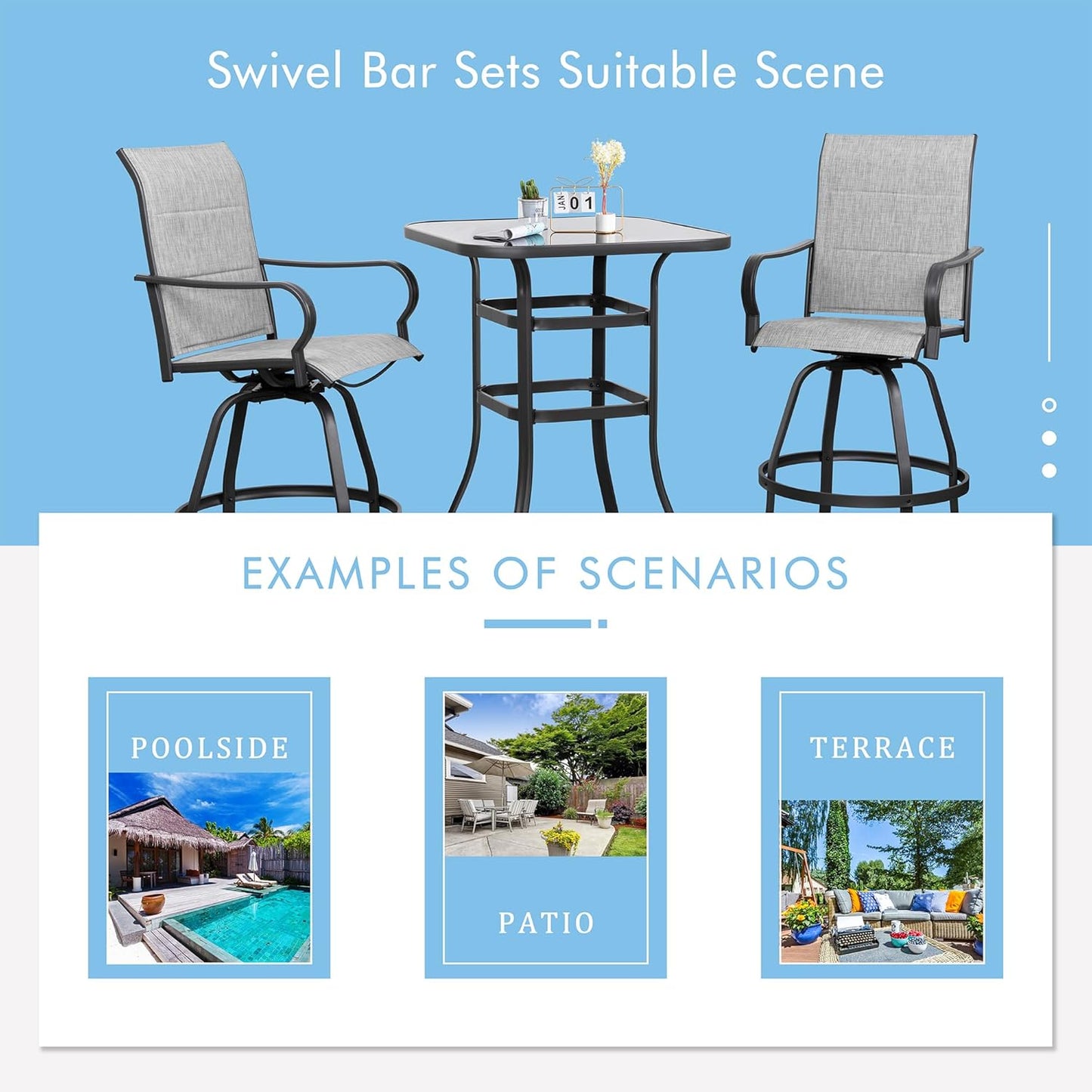 Shintenchi 3 Piece Patio Swivel Bar Stools Set, Outdoor Patio Bar Table and Chairs Set, All Weather Bar Height Chairs Set of 2, High Top Bistro Set Furniture for Balcony, Backyard, Padded Light Grey