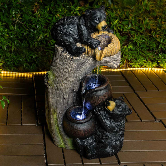 23.62" H Bear Outdoor Garden Water Fountain with LED Lights, 3-Tier Cascading Waterfall Freestanding Decor Water Feature for Patio, Yard, Balcony, Garden Decor, Weather-Resistant Resin, Brown Grey