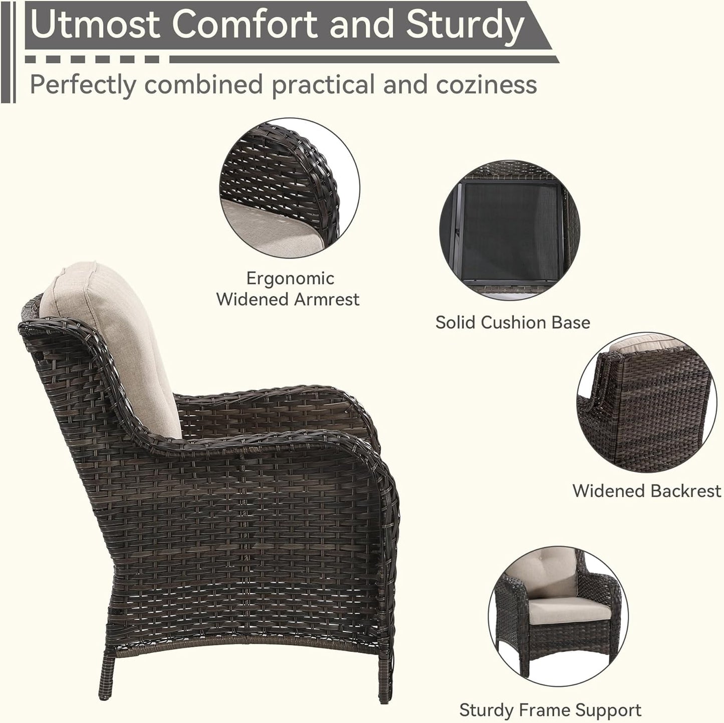 Patio Conversation Set 5-PCS Wicker Outdoor Furniture Conversation Set with 3-Seat Sofa, 2 Armchair, 2 Ottoman Patio Rattan Wicker Sectional Sofa Set with Olefin Cushion, Beige