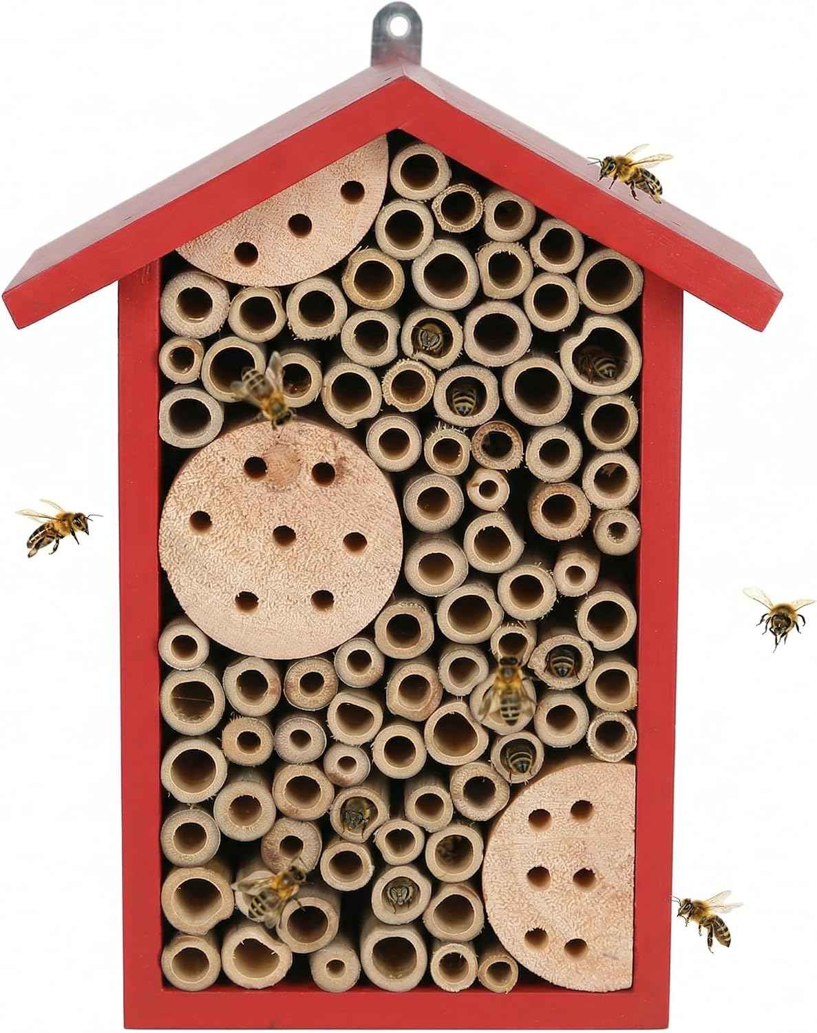 Topadorn Red Wooden Bee House, Natural Bamboo Tube Bee Hotel for Mason Bees, Outdoor Garden Pollinator Shelter with Hanging Ring