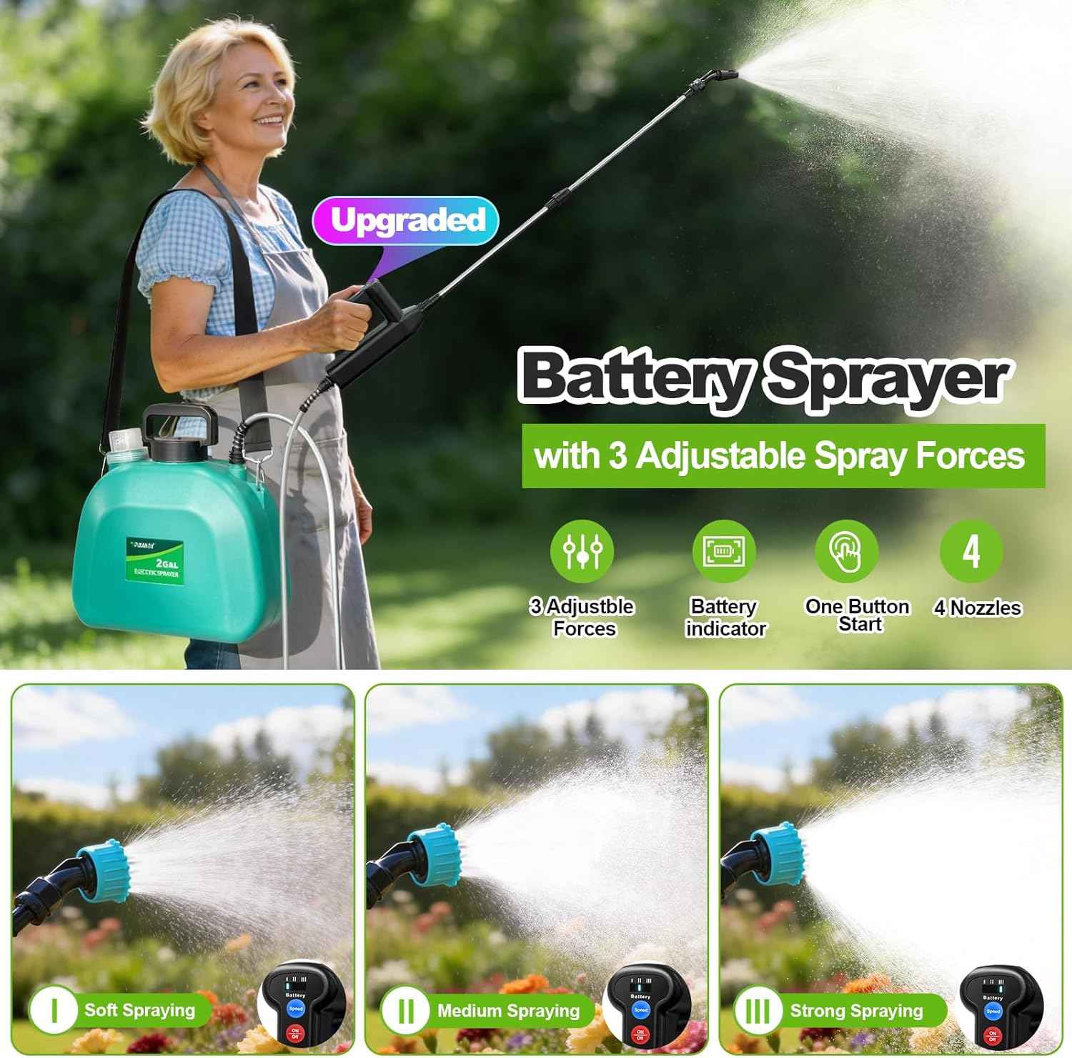 VAXMAY Battery Powered Sprayer 2 Gallon, Upgrade Electric Garden Sprayer with 3 Adjustable Speed, Battery Indicator, 4 Mist Nozzles, Rechargeable Handle, Retractable Wand, Shoulder Strap for Weed Lawn
