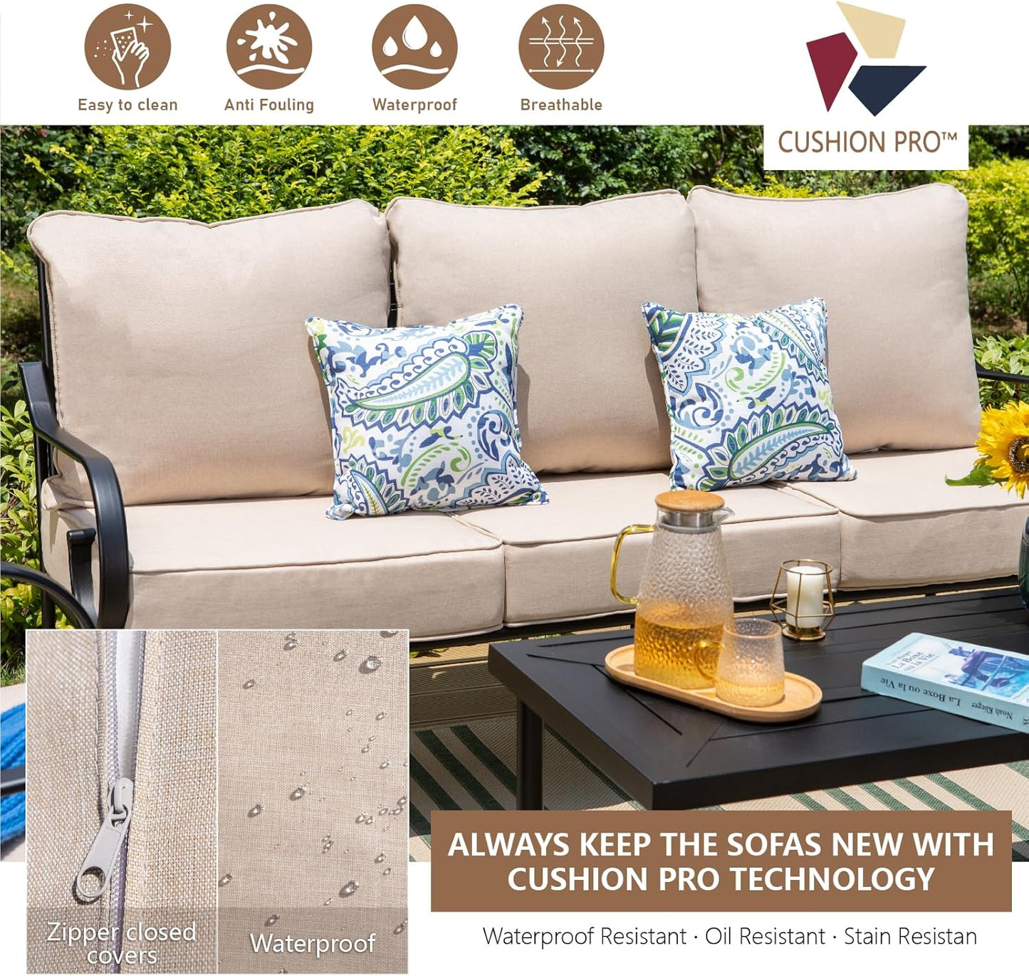 MFSTUDIO 7 Seats Large Metal Patio Conversation Sets, 5 Pieces Outdoor Furniture Sofa with 2 Motion Chairs, 1 Sofa(3-seat), 1 Loveseat and Table for Outside Balcony Backyard Poolside