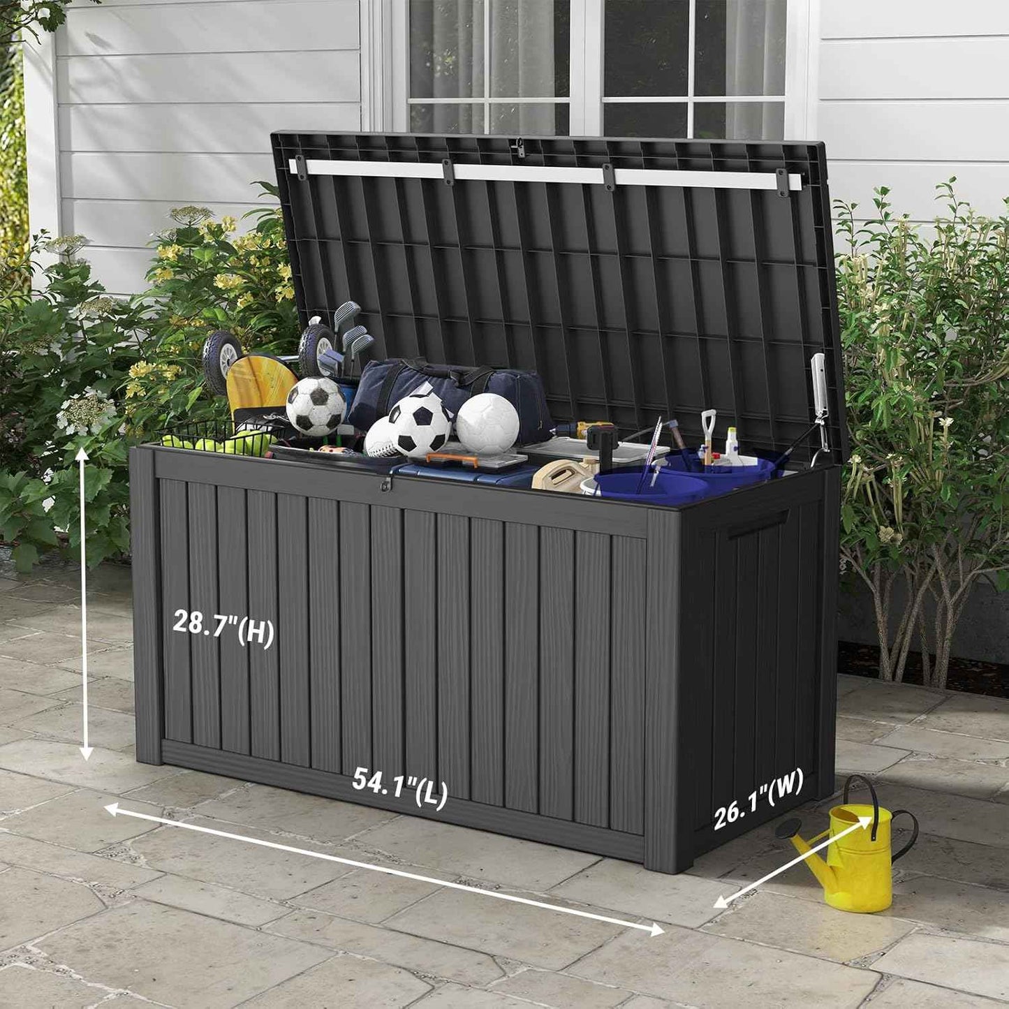 Mars Villa 150 Gallon Outdoor Storage Box, Large Resin Deck Box, Waterproof Storage Bin with Lockable Lid, Ideal for, Outdoor, Patio Furniture Cushions, Pool Supplies, Garden Tools, Black
