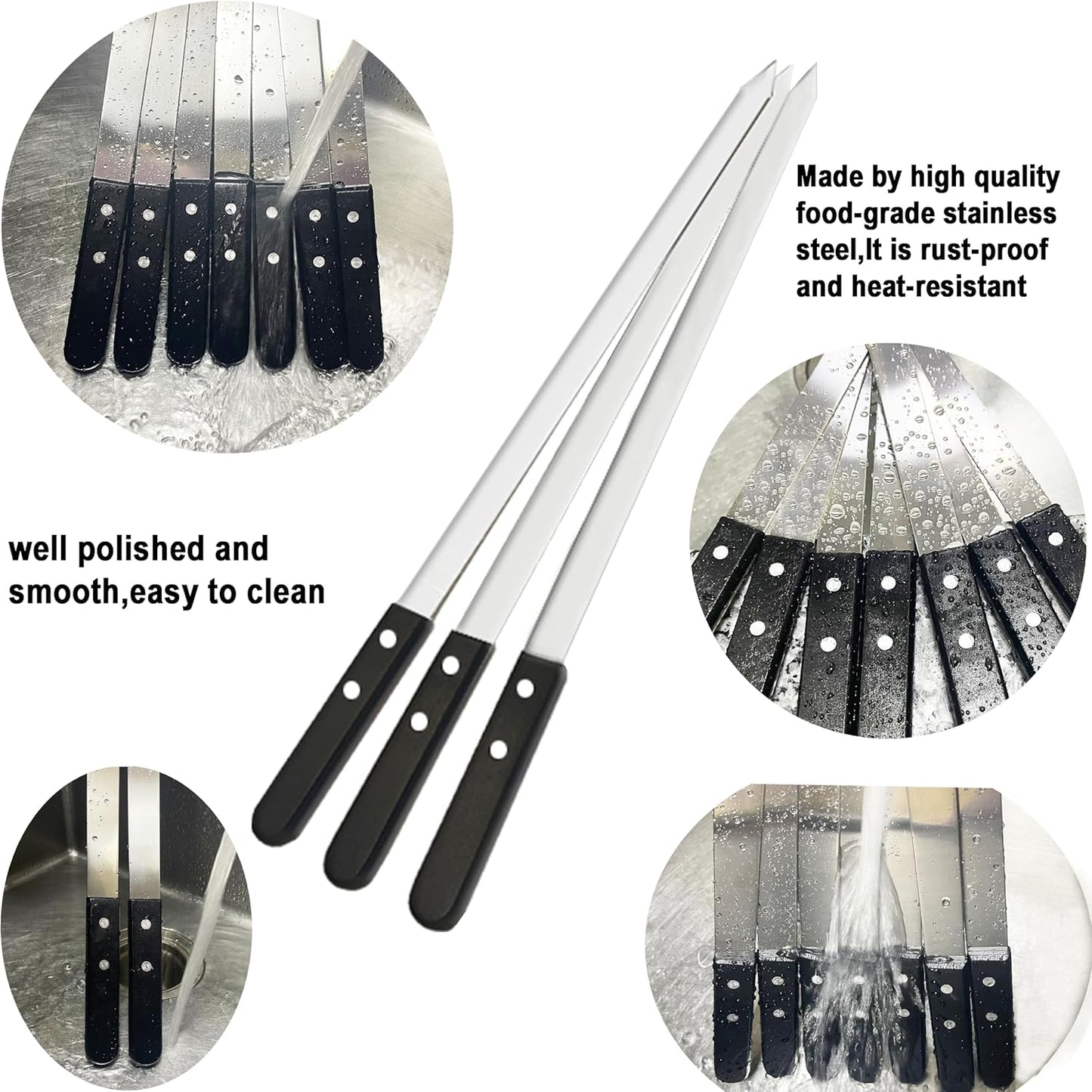 23.6 Inch Long Kabob Skewers, 0.91 Inch Wide, Stainless Steel with Black Wood Handle, 7 Pack