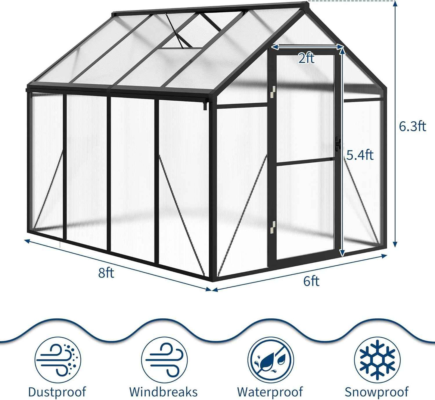 6x8FT Polycarbonate Greenhouse, Walk-in Outdoor Aluminum Frame Greenhouse with Roof Vent, Lockable Push Door for Garden, Backyard, Patio & Lawn