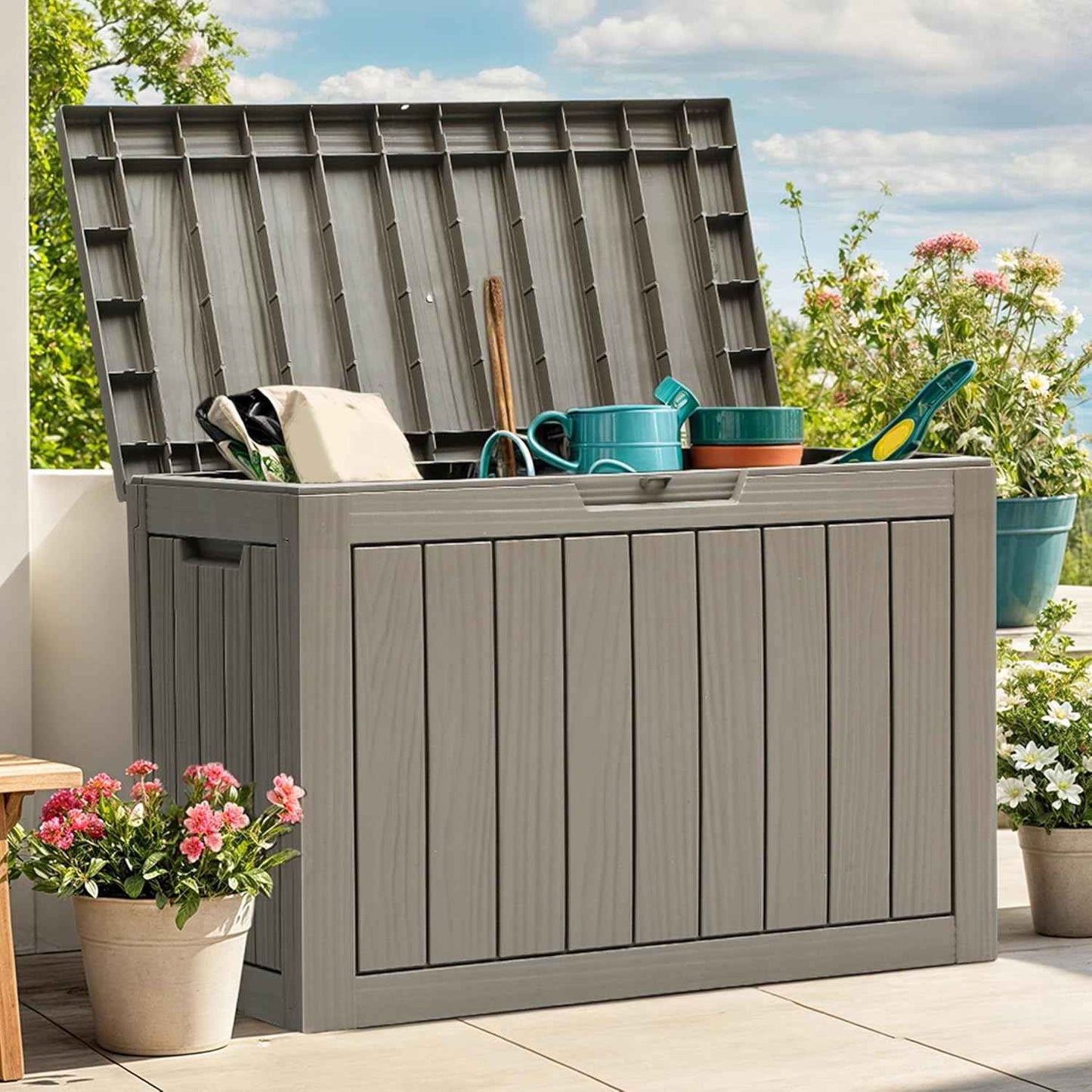 YITAHOME 45 Gallon Deck Box, Outdoor Storage Box for Patio Cushions, Outdoor Tools, Gardening Tools, Sports Equipment, and Throw Pillows, Lockable and Waterproof, Brown