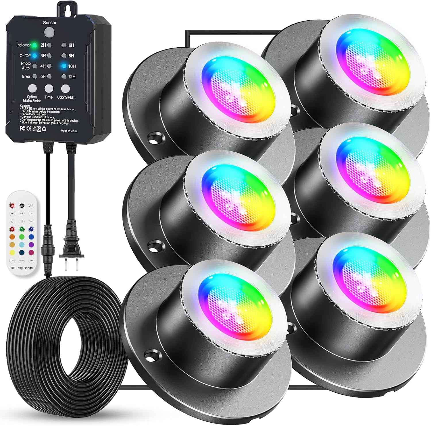 HIBOITEC LED Pond Lights, RGBWW Underwater Fountain Light with 12V Timer Transformer,Photocell Light Sensor, IP68 Waterproof Outdoor Underwater Lights for Outdoor Ponds Garden, 6 Head