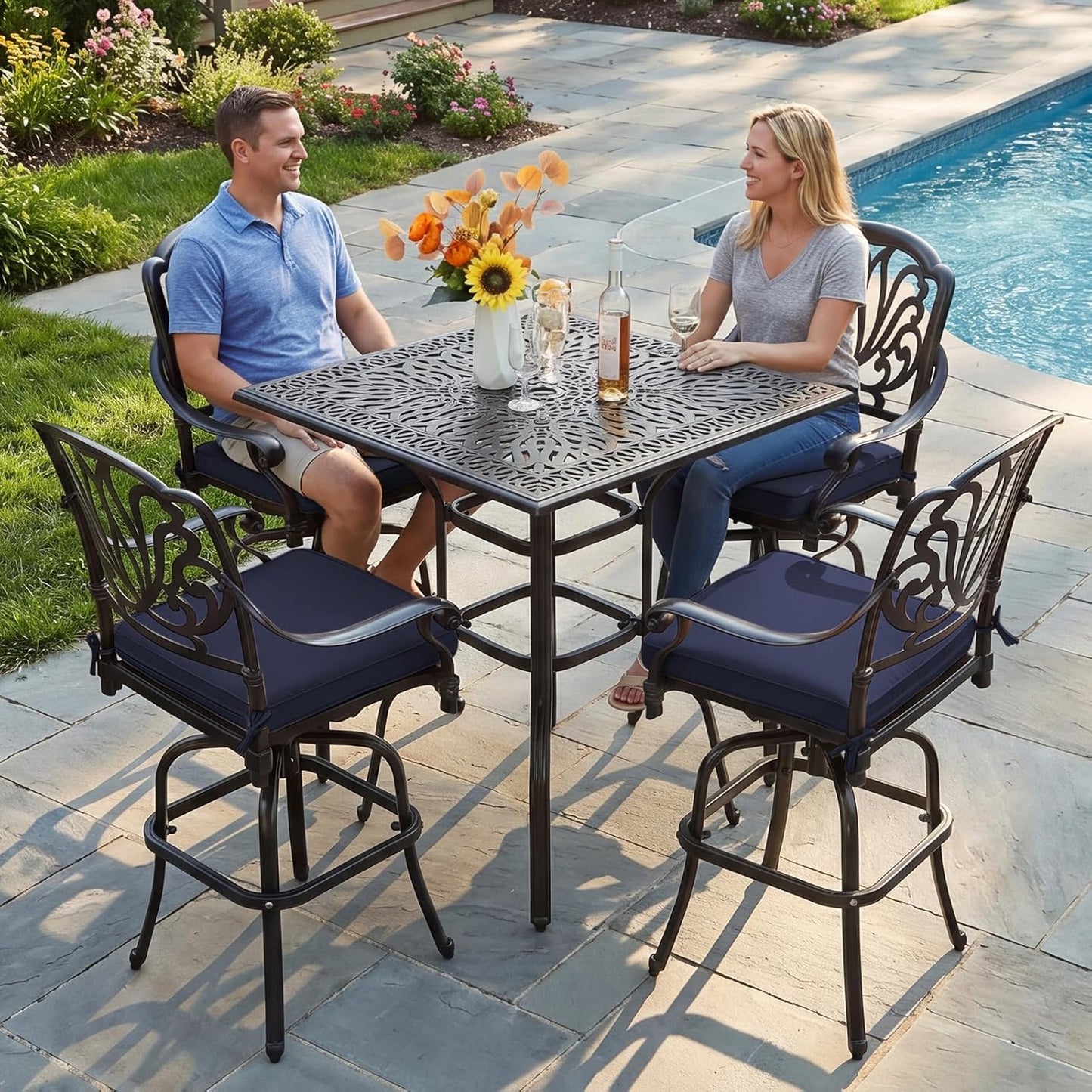 MEETWARM 5-Piece Patio Swivel Bar Set, All-Weather Cast Aluminum Outdoor High Bar Stool Bistro Set for Backyard Garden with 4 Cushions Bar Chairs with Footrest and 35.4" Bar Table, 2.2" Umbrella Hole