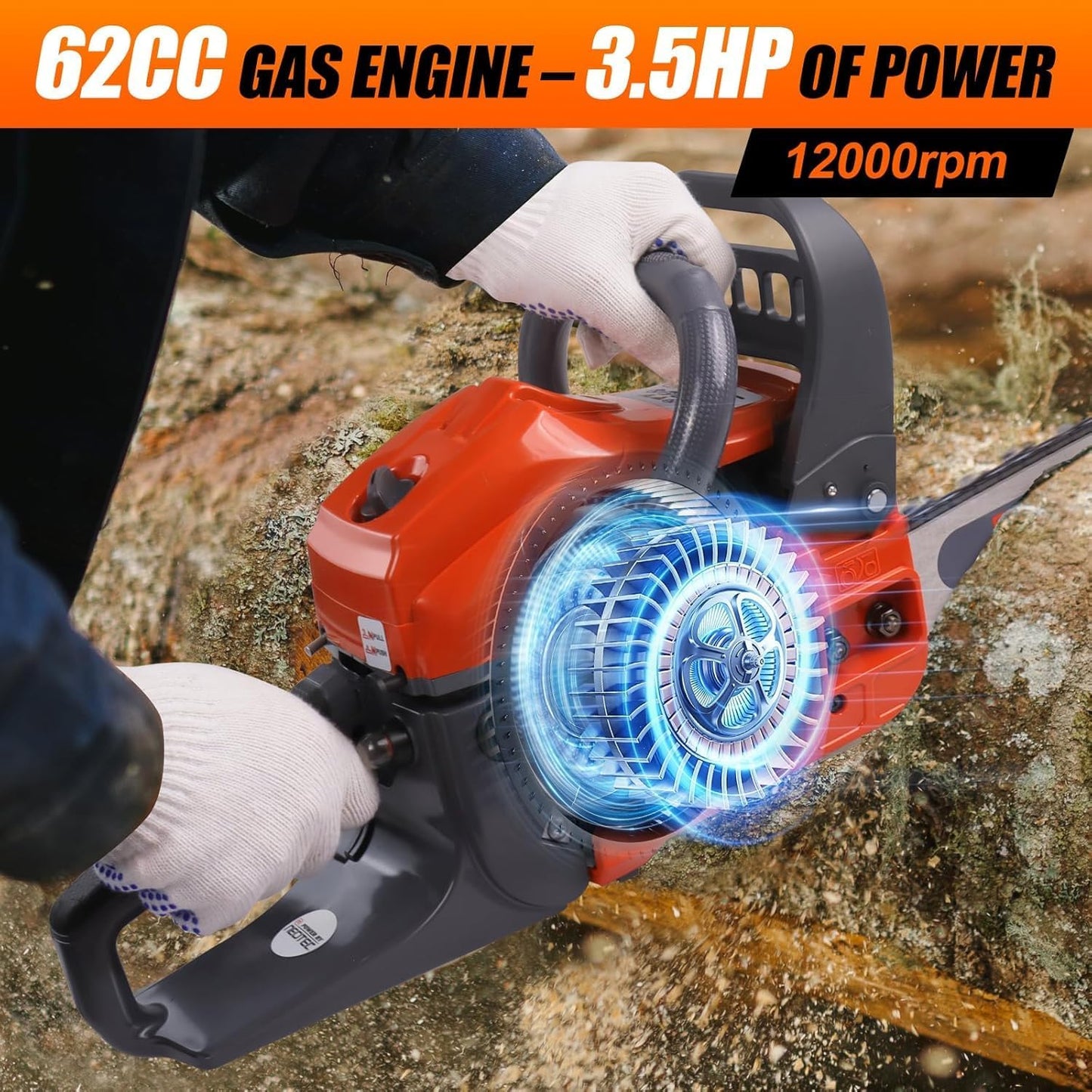 62CC Gas Powered Chainsaw 18 22 Inch Bars Handheld Cordless Ergonomic Chainsaws 2-Cycle Petrol Gas Chain Saw for Backyard Storm Cleanup Tree Cutting Firewood Wood