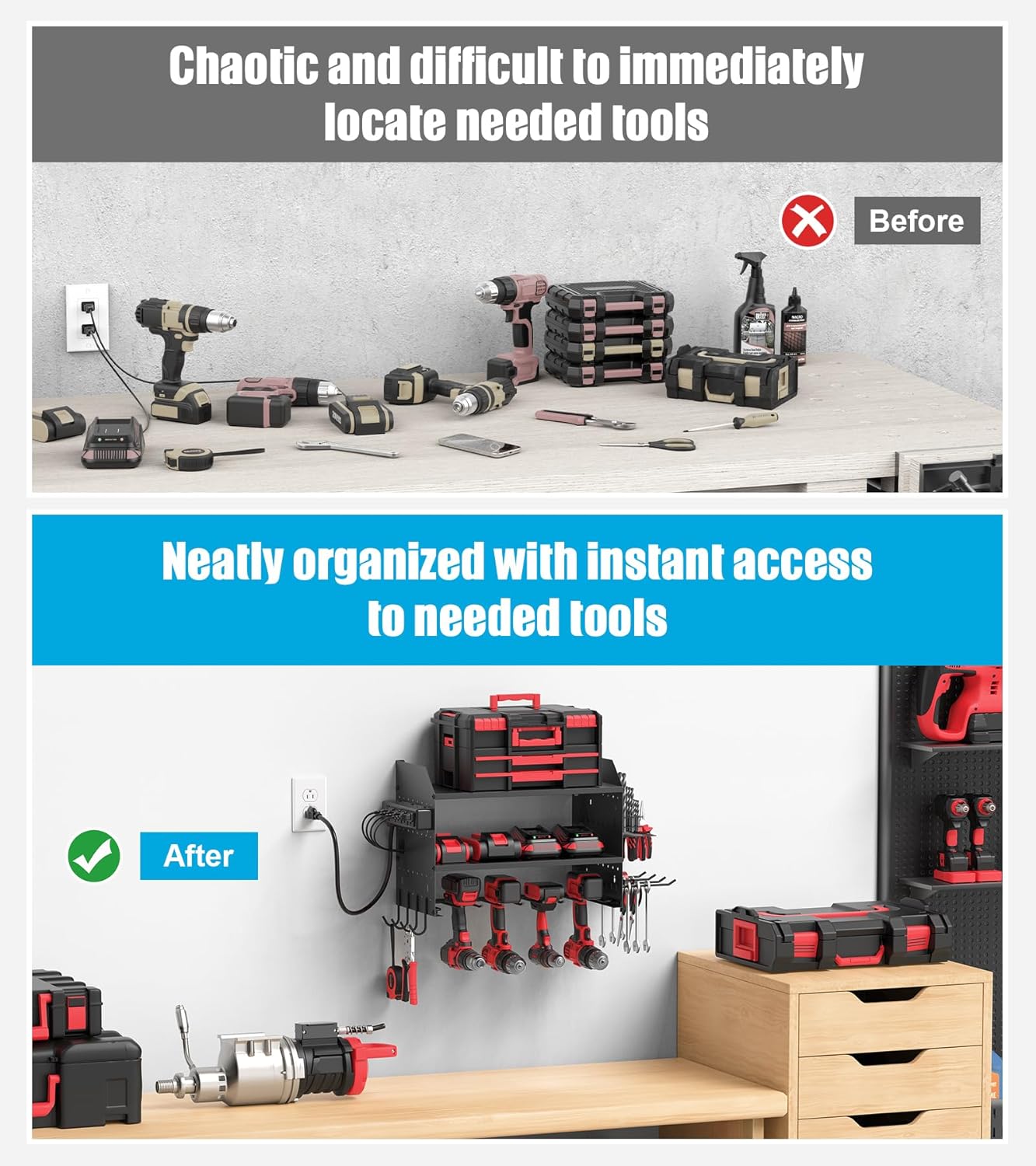 CCCEI Modular Power Tools Organizer Charging Station, Drills and Battery Storage Wall Mount, Garage Shop Organization, Anniversary, Birthday, Gifts for Men, Father, Black, 1 Pack.