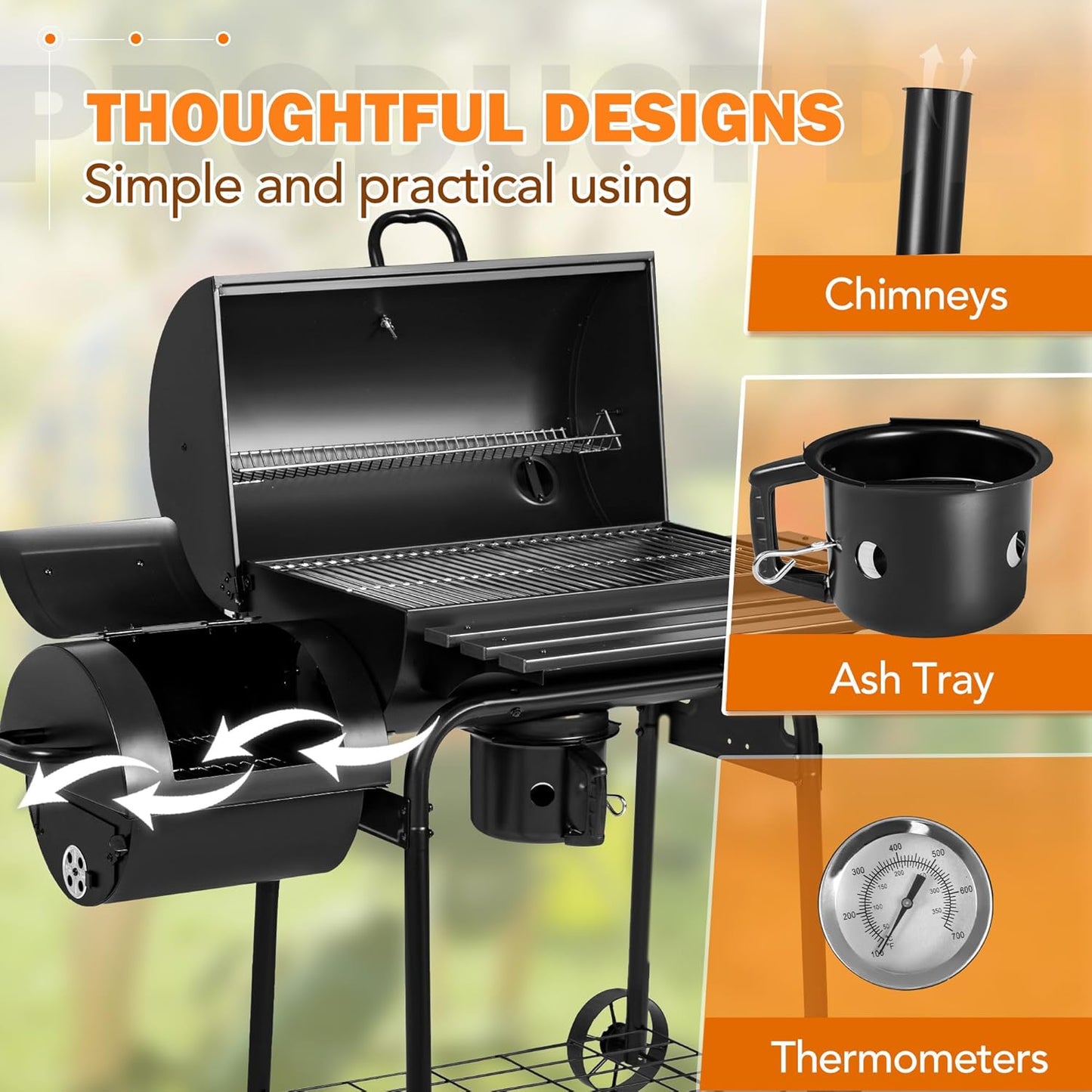 Flamaker Grill Outdoor Charcoal Grills with Side Oven & Thermometer Offset Smoker with Ash Catcher & Cover for Camping Picnics, BBQ, Hiking