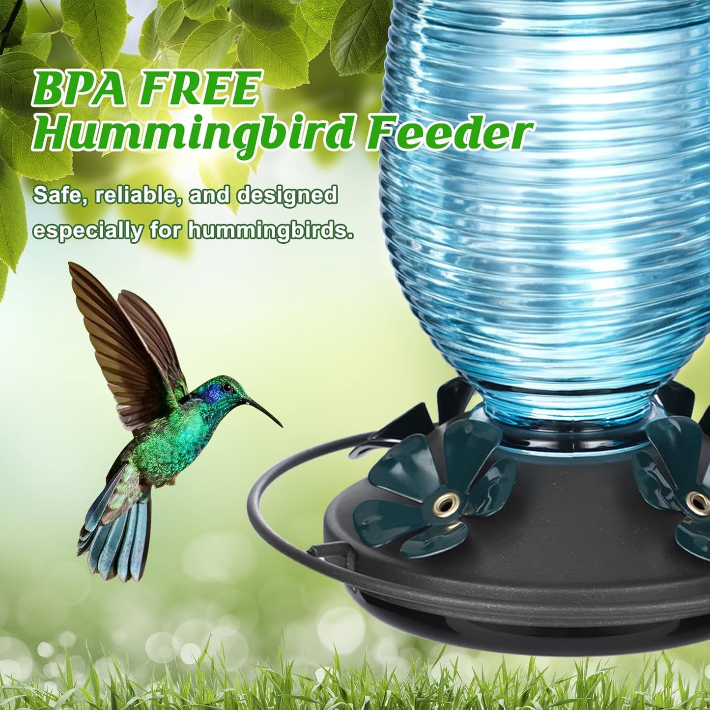 FEED GARDEN Glass Hummingbird Feeder for Outdoors Hanging, 20 OZ Humming Birds Feeders with 4 Bee Guard Feeding Ports & Built-in Ant Moat, Bird Feeder for Outside, Blue,1 Pack