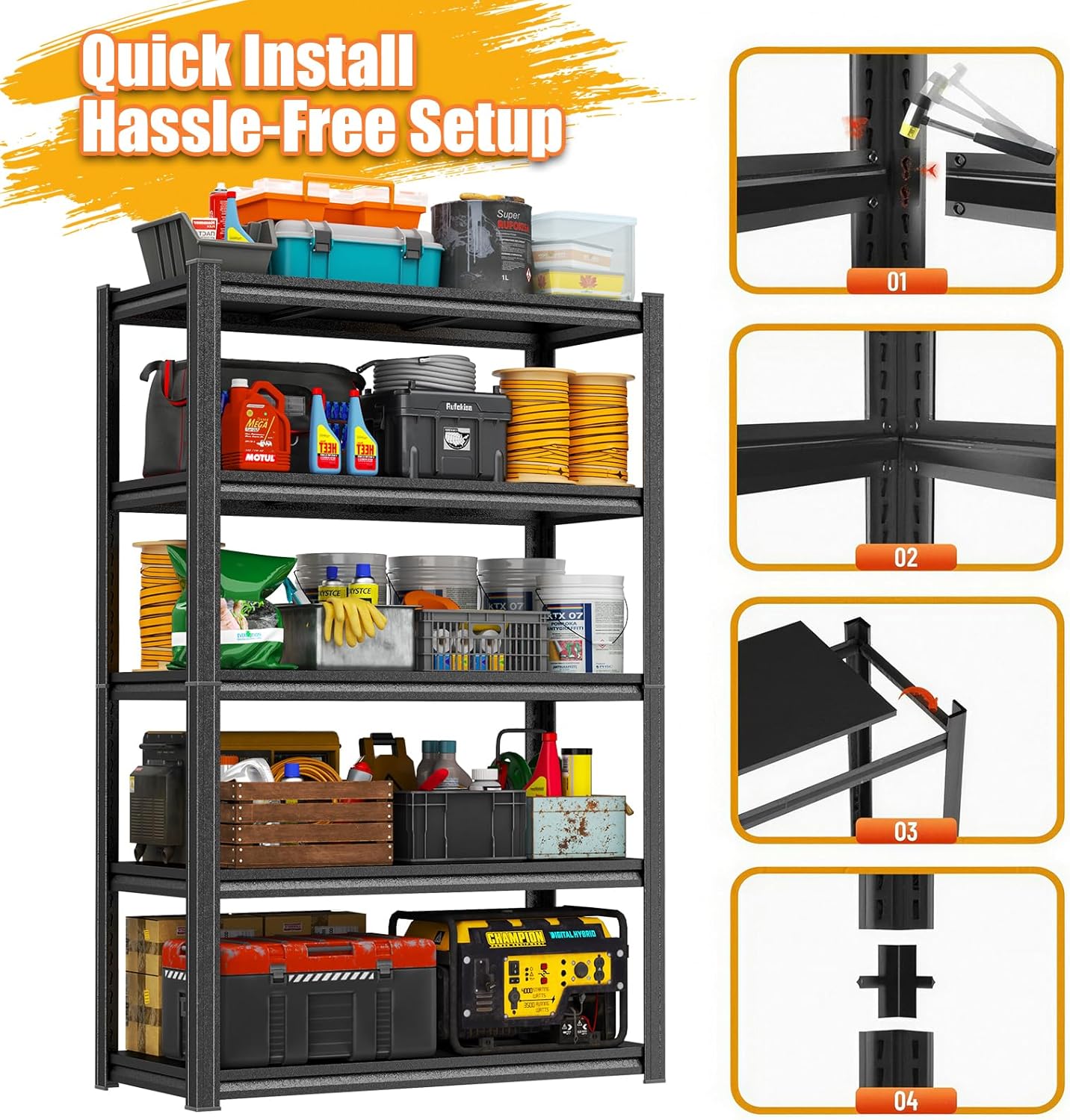 Garage Shelving Heavy Duty Storage Shelves 3000LBS 6-Tier Adjustable Metal Shelving Units Garage Storage Shelves for Warehouse, Industrial, Basement, Commercial, 78"H × 45"W × 19.6"D, Black