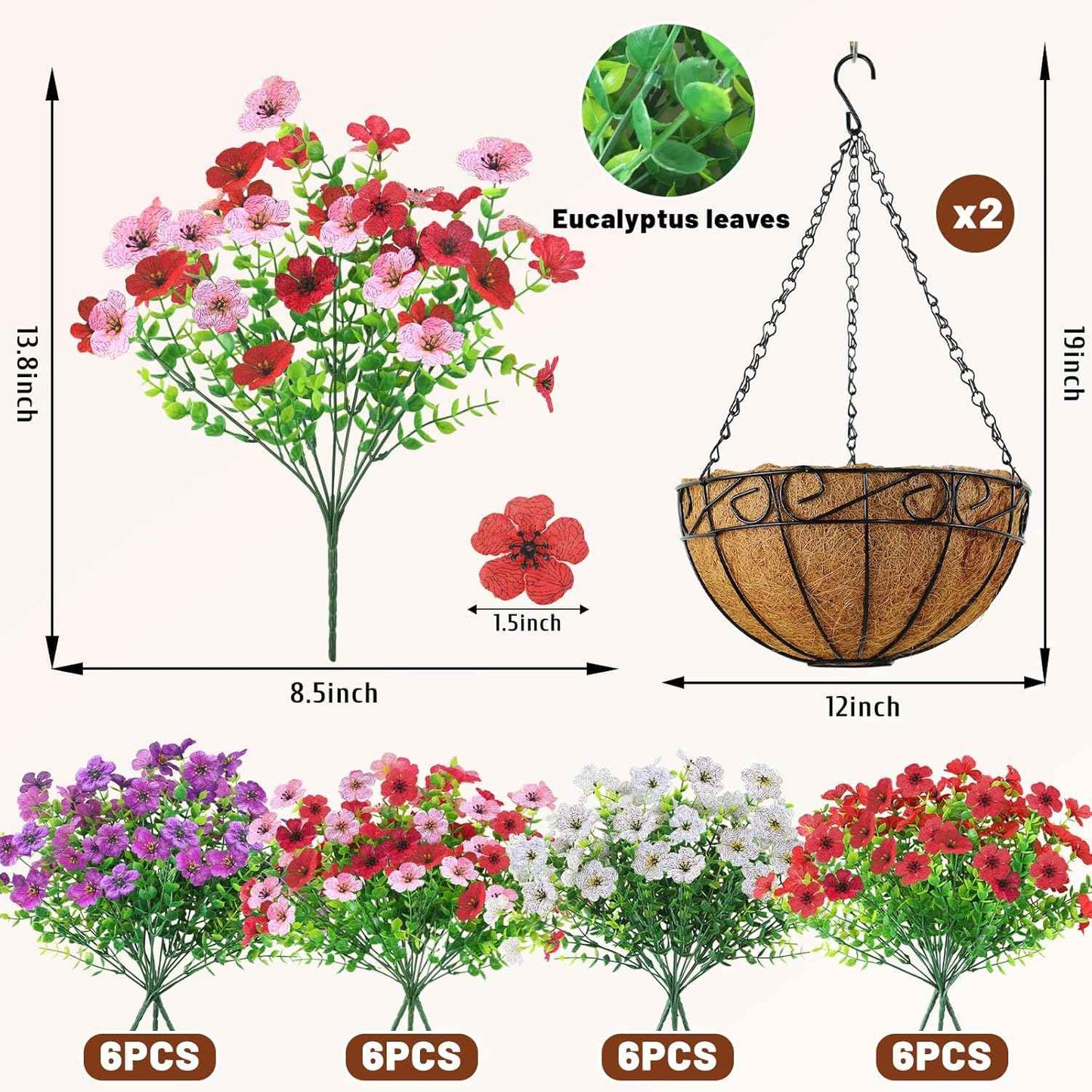 2 Pack Artfiticial Hanging Flowers Baskets for Outdoors, UV Resistant Faux Hanging Plants, 24 Pcs Fake Silk Flowers for Patio Garden Front Porch Balcony Decor (Mix 4 Colors)