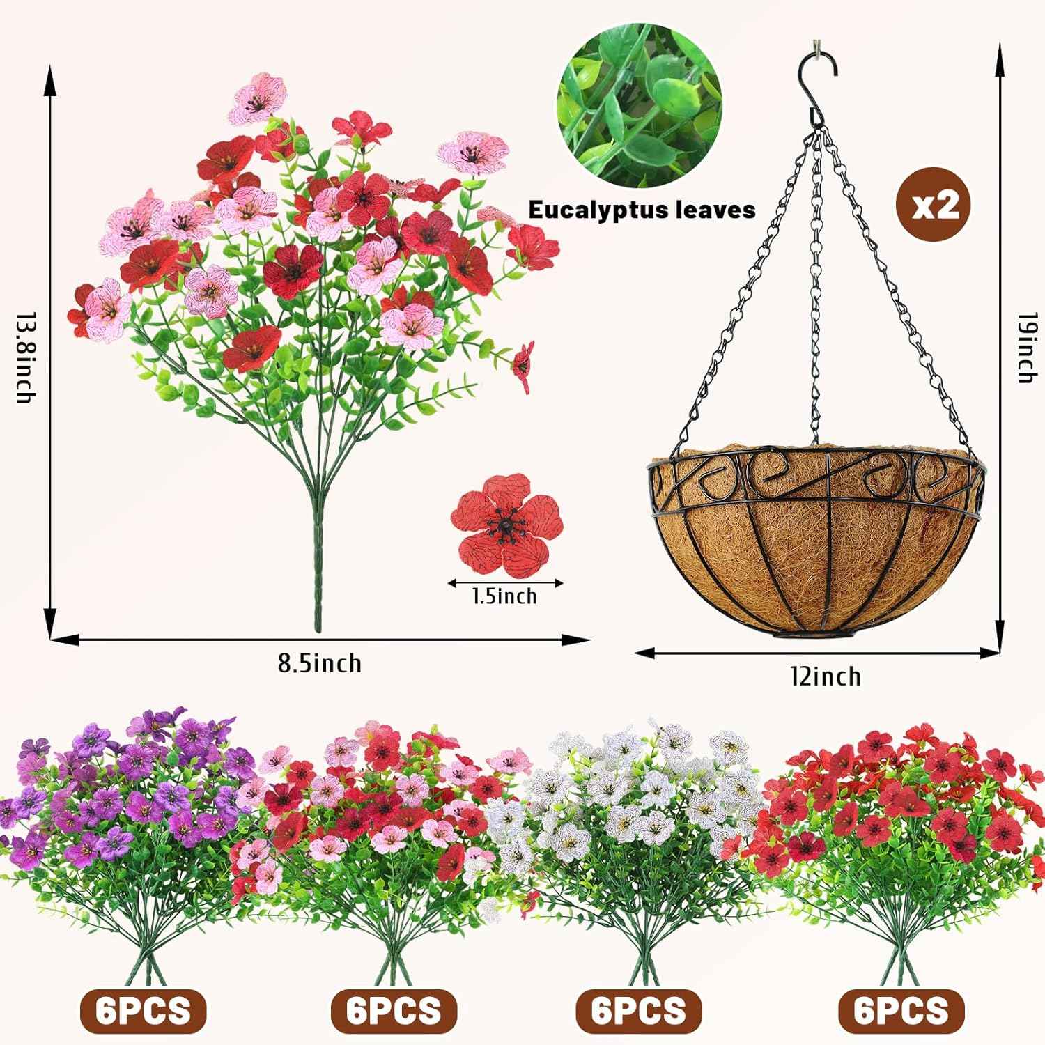 2 Pack Artfiticial Hanging Flowers Baskets for Outdoors, UV Resistant Faux Hanging Plants, 24 Pcs Fake Silk Flowers for Patio Garden Front Porch Balcony Decor (Mix 4 Colors)