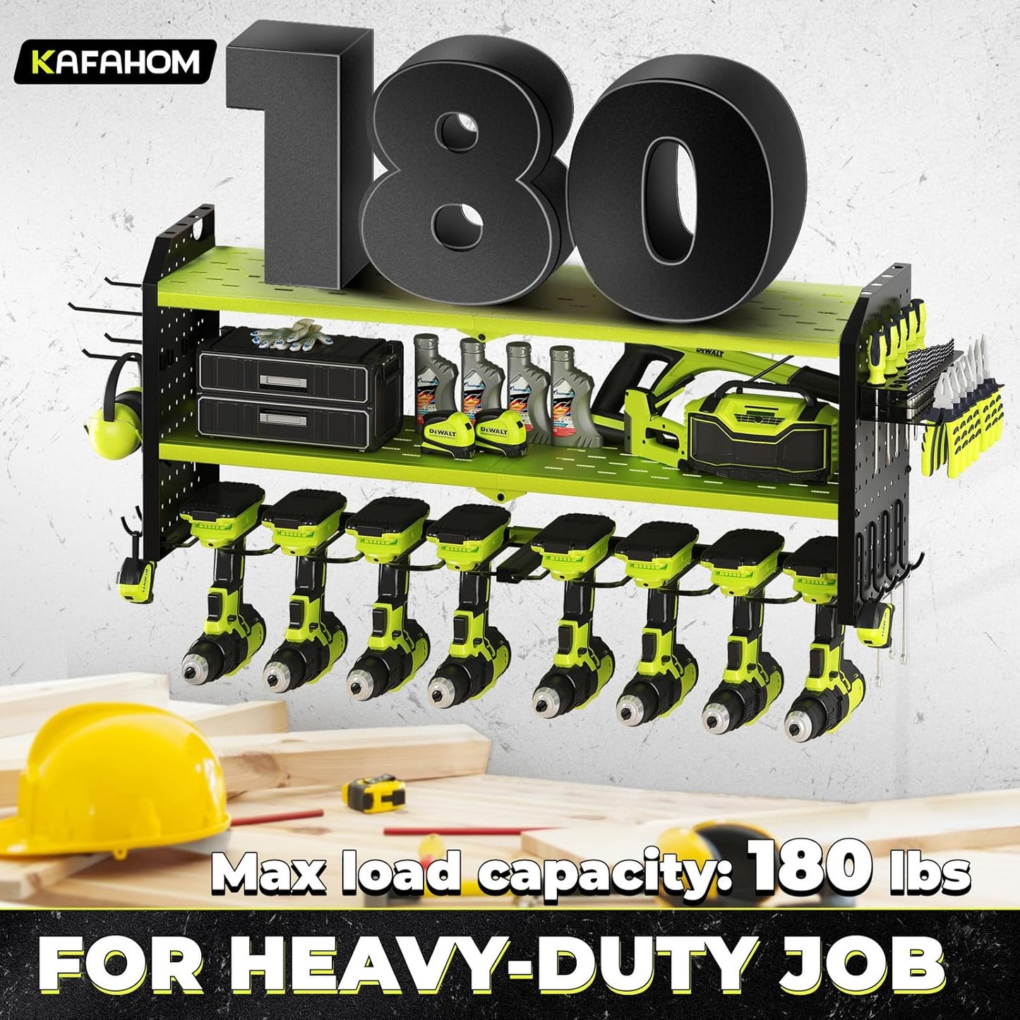 KAFAHOM Power Tool Organizer, Large 8 Drill Holder Wall Mount with 2 Side Pegboards, Heavy Duty Metal Tool Shelf with 12 Hooks, Storage Rack for Garage Organization, Battery Shelves - Green