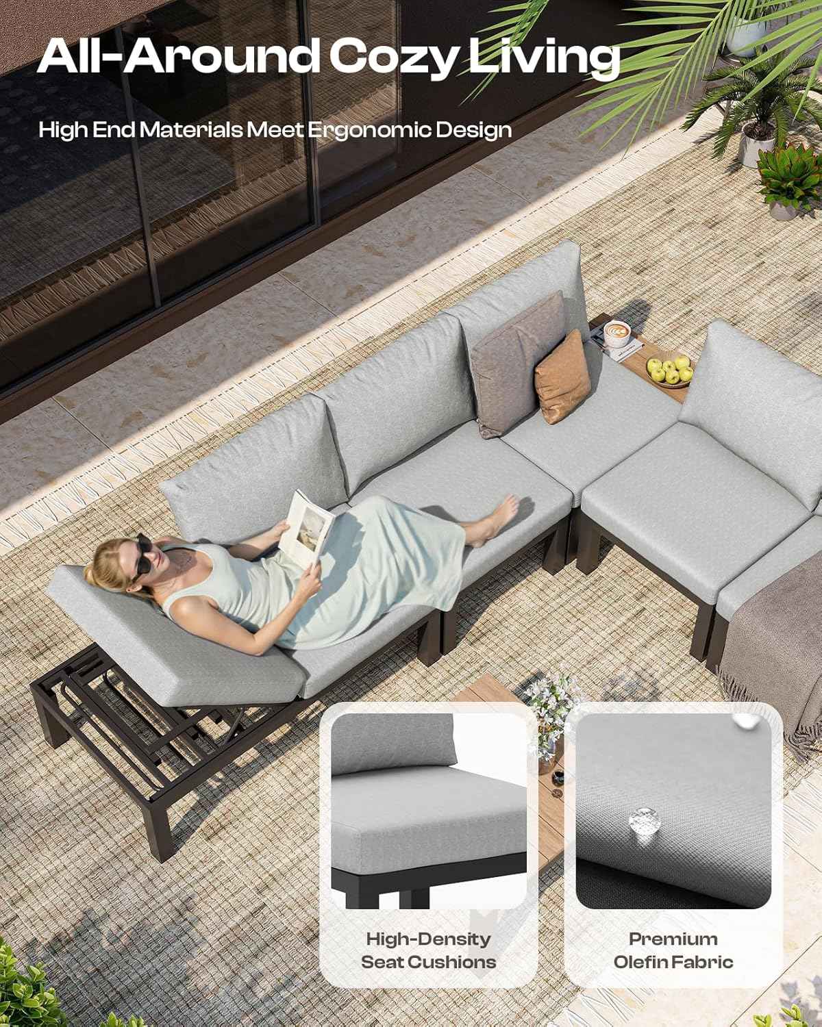 Aluminum Modular Outdoor Patio Furniture Set, 6 Seats Patio Sectional Sofa Set with Adjustable Backrest & Thick Cushions, All-Weather Conversation Sets with Table for Garden & Yard, Gray
