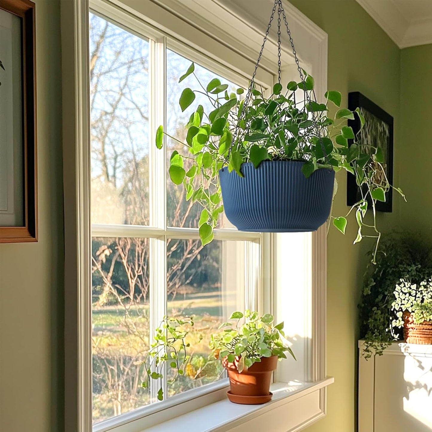 T4U 12 Inch Large Hanging Planters for Outdoor Plants, 2 Pack Self Watering Pots Indoor, Hanging Baskets for Plants,Hanging Flower Pot with Drainage Hole and Plant Hanger, Blue